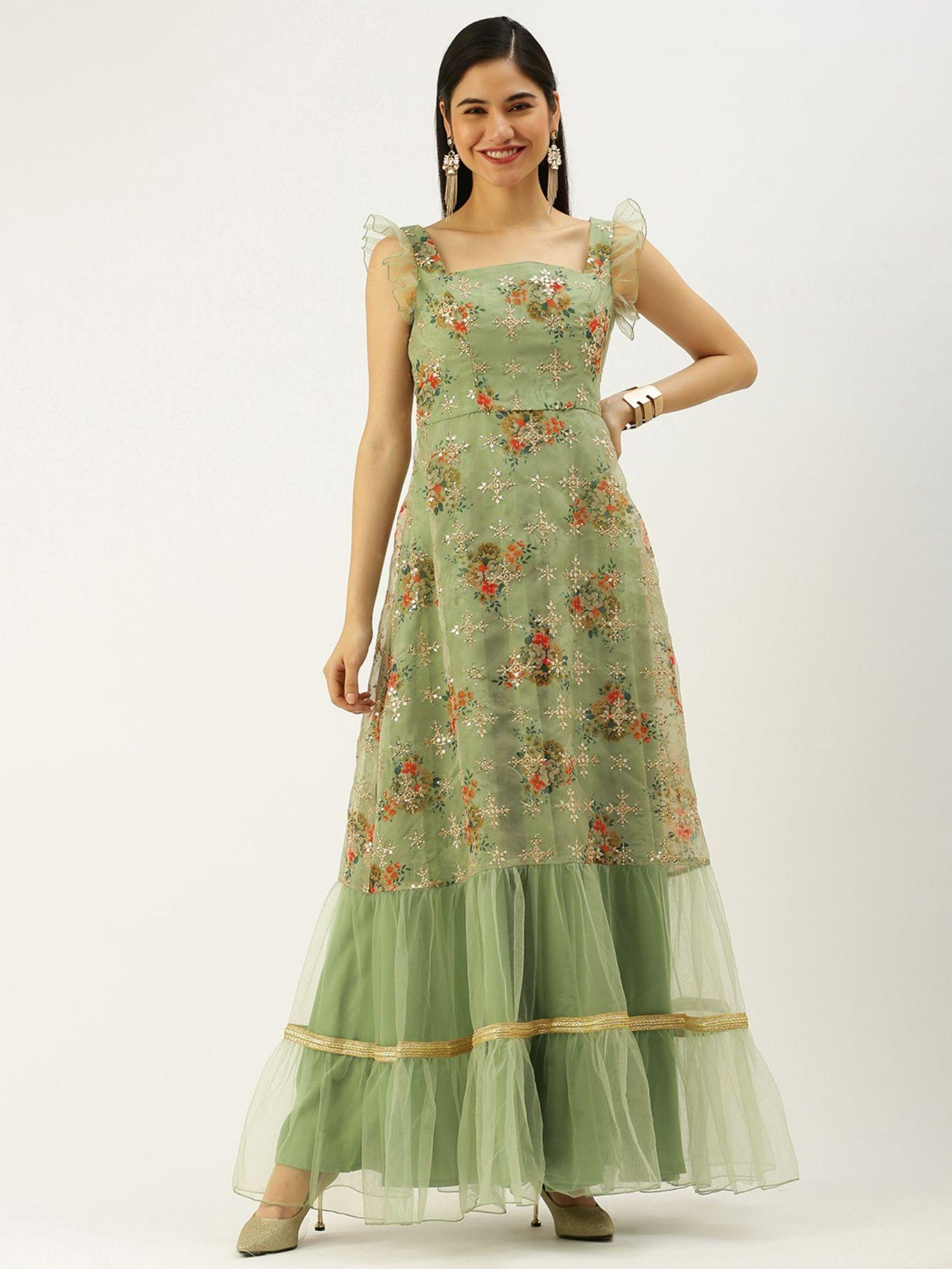 ready to wear mint green embroidered gathered style gown