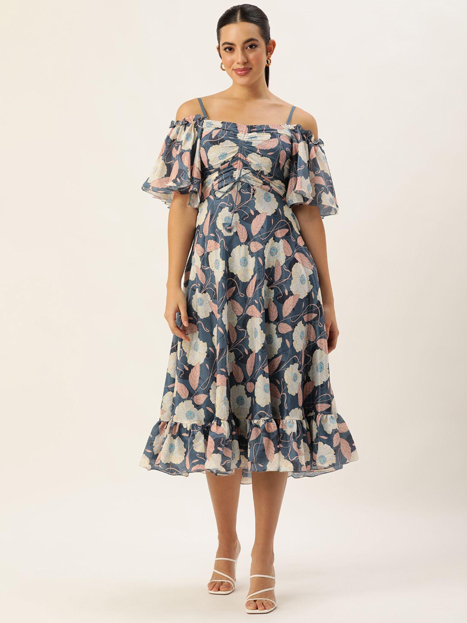 ready to wear multi-color floral chinon off shoulder dress