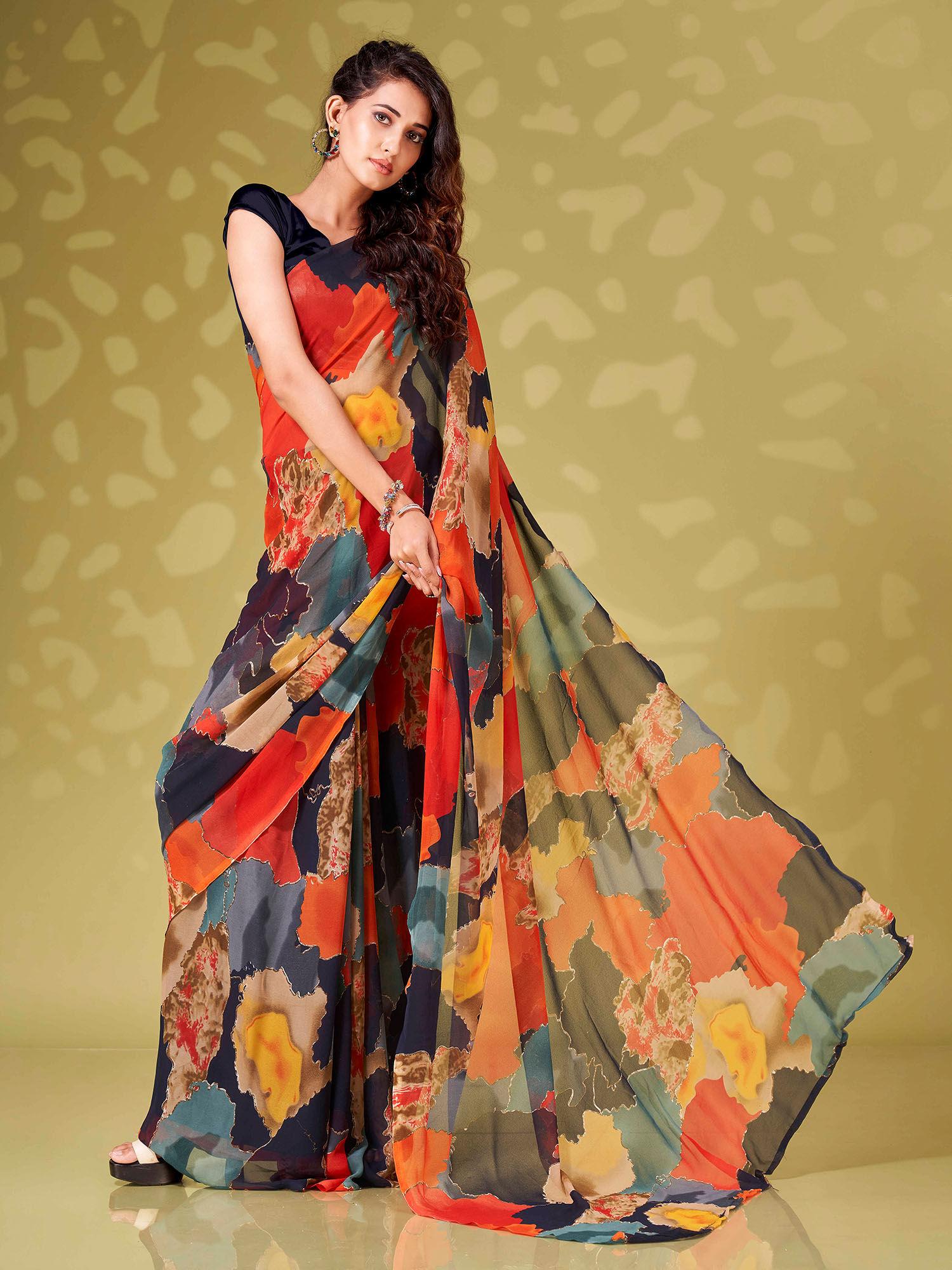 ready to wear multicolor print georgette saree with unstitched blouse