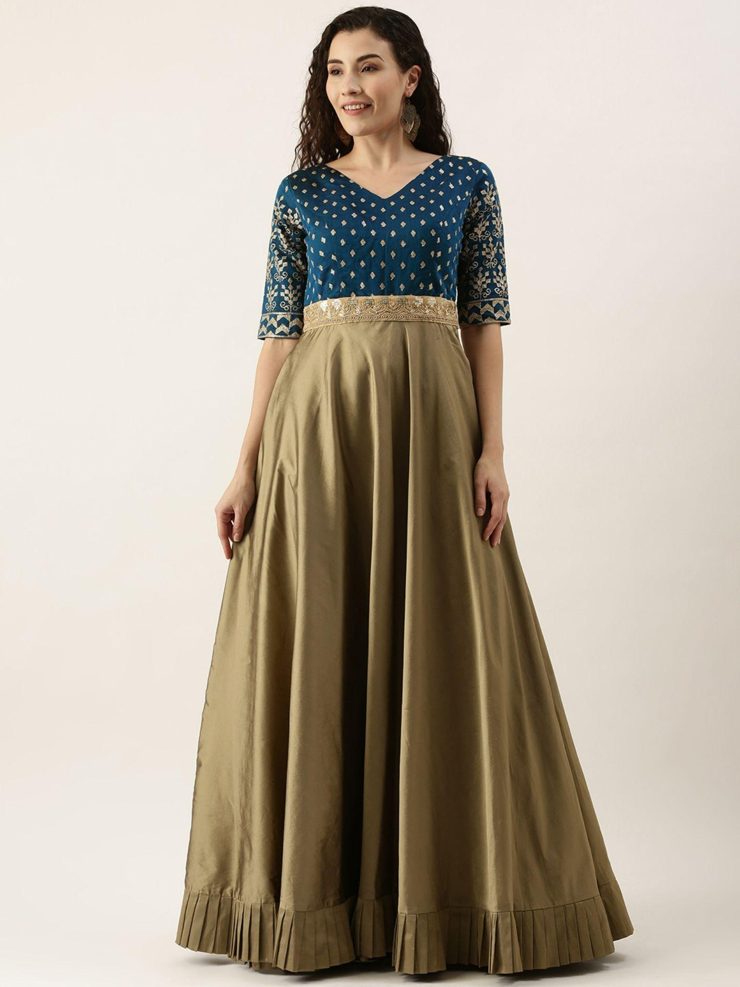 ready to wear navy blue chanderi and prairie sand floor length gown