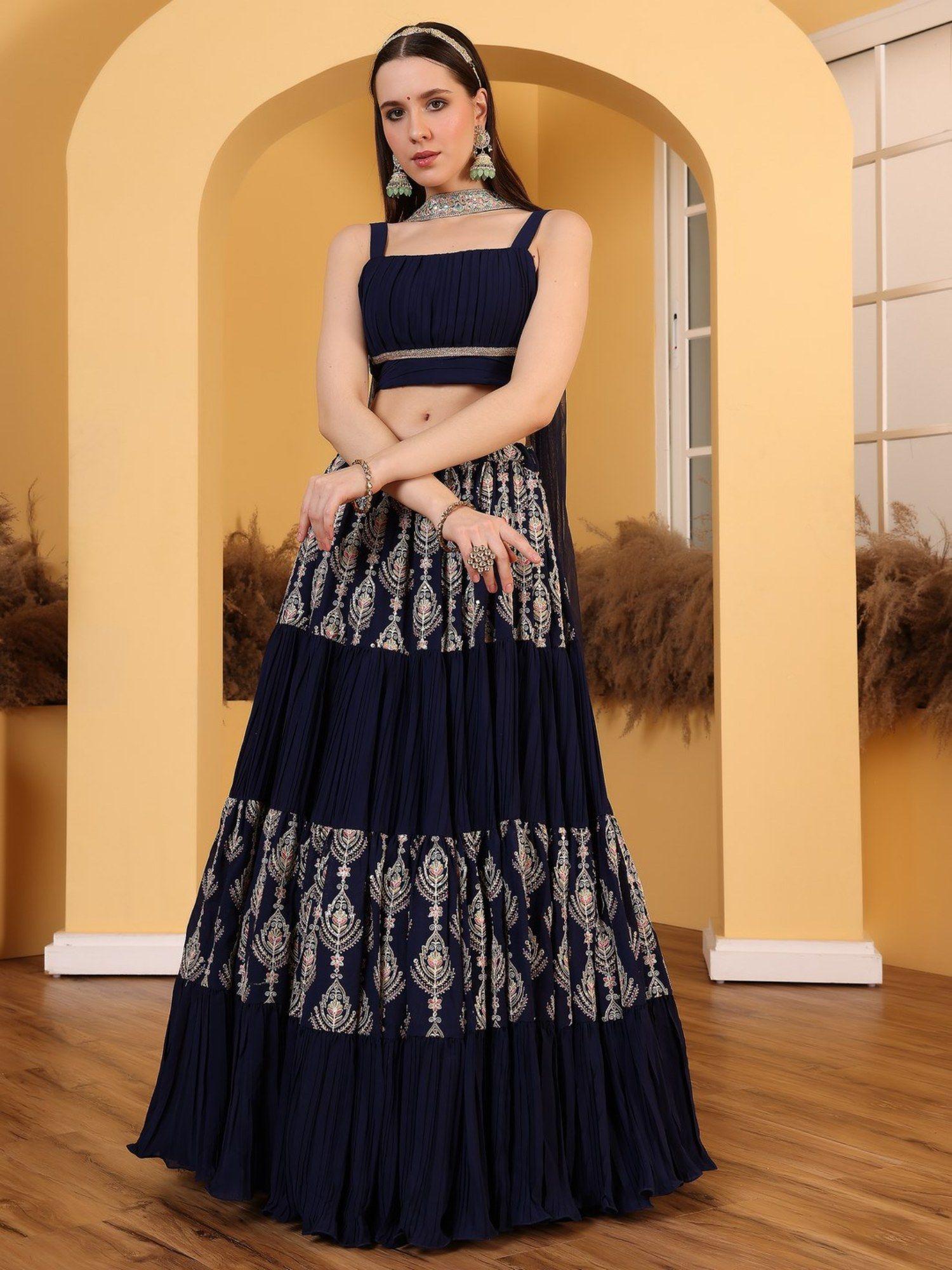 ready to wear navy blue embroidered lehenga and blouse with dupatta (set of 3)