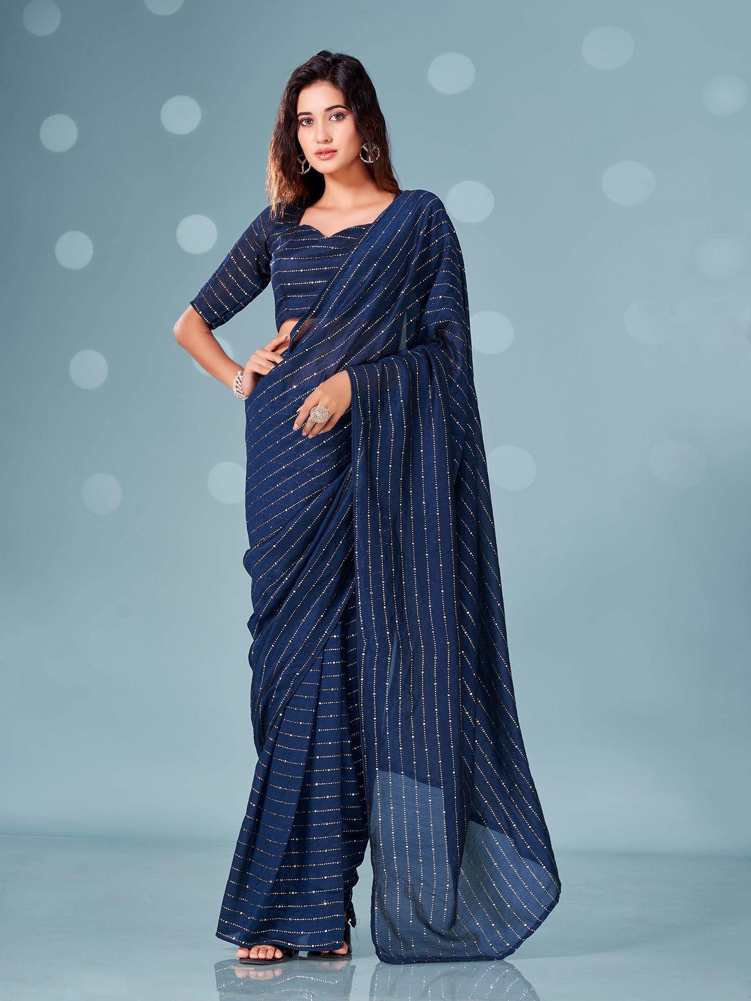 ready to wear navy blue mukaish embellished georgette saree with unstitched blouse