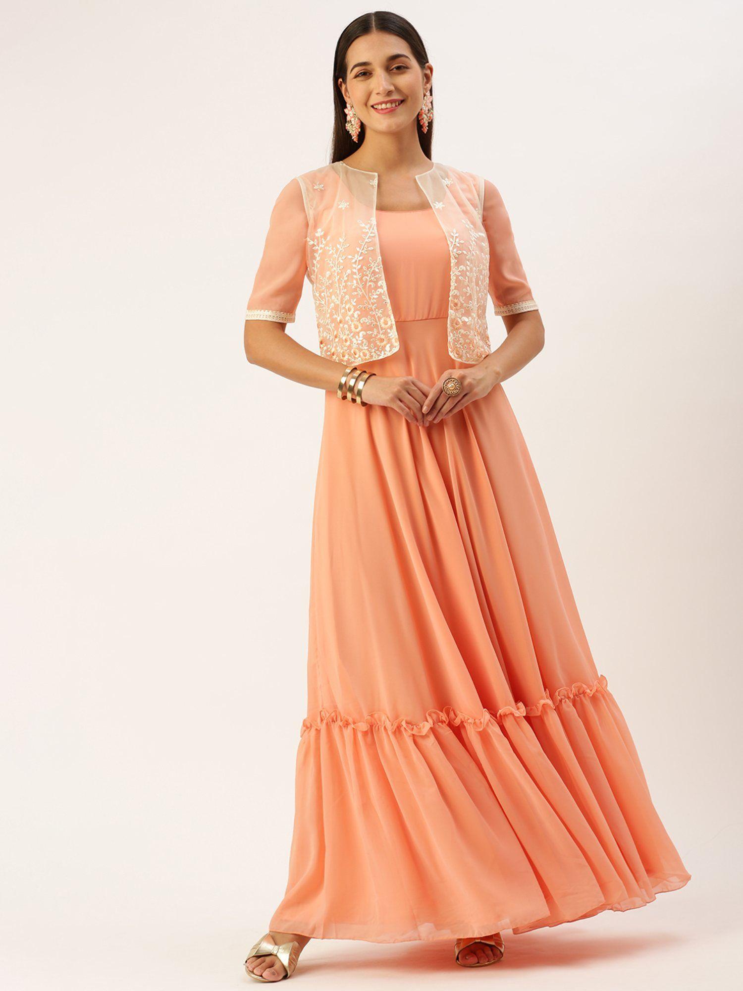 ready to wear off white net embroidered jacket and peach gown (set of 2)