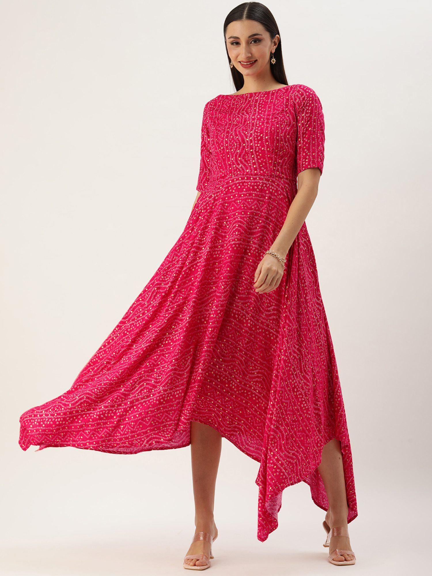 ready to wear pink bandhani printed rayon dress