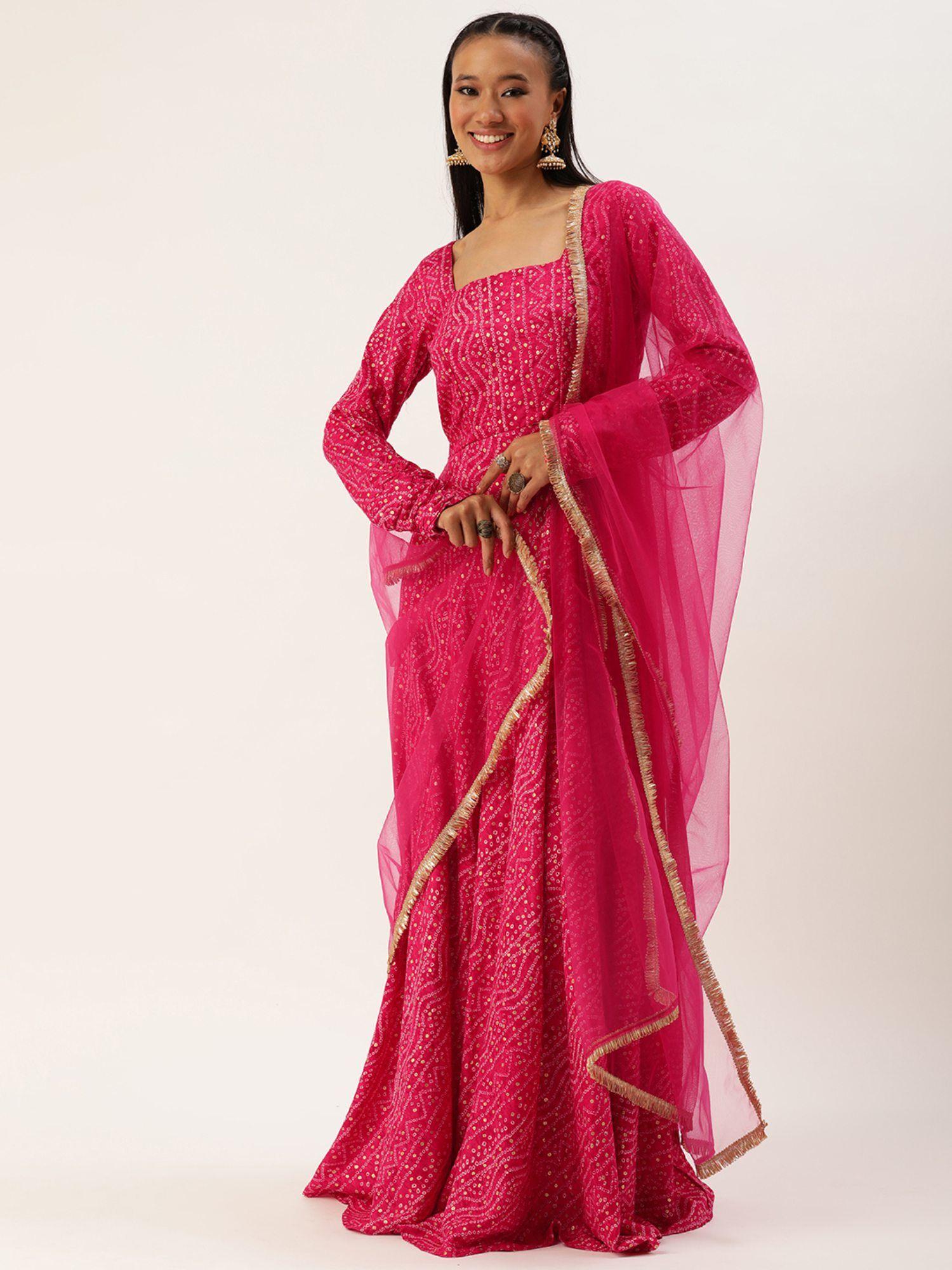 ready to wear pink bandhani printed rayon gown with dupatta (set of 2)