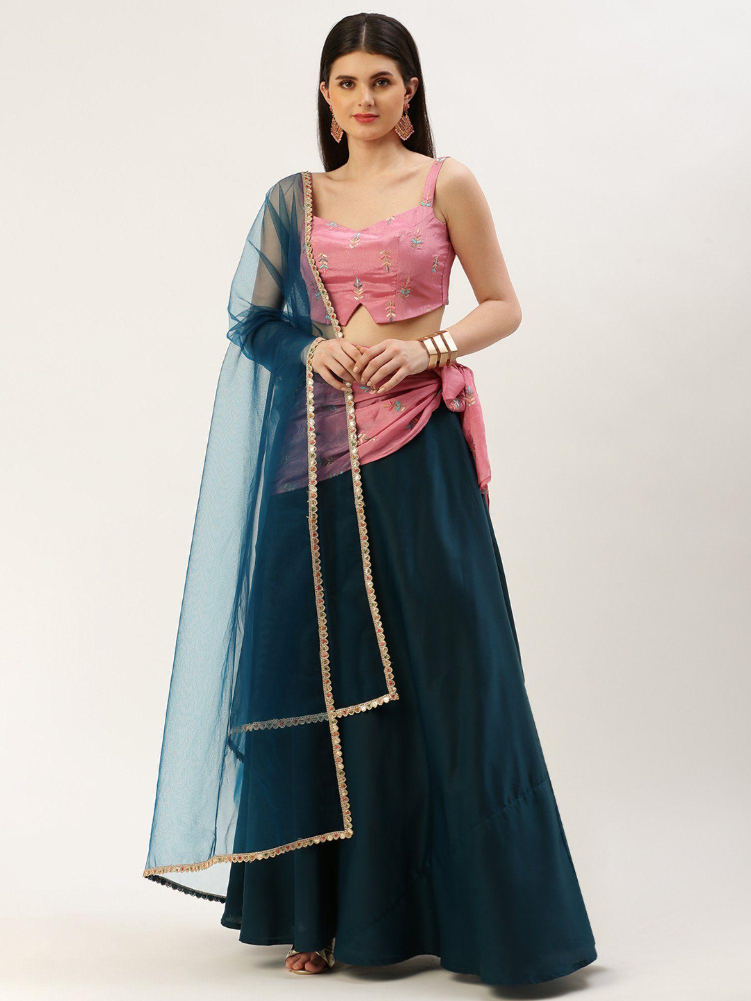 ready to wear pink chinon embroidered n teal blue lehenga (set of 3)