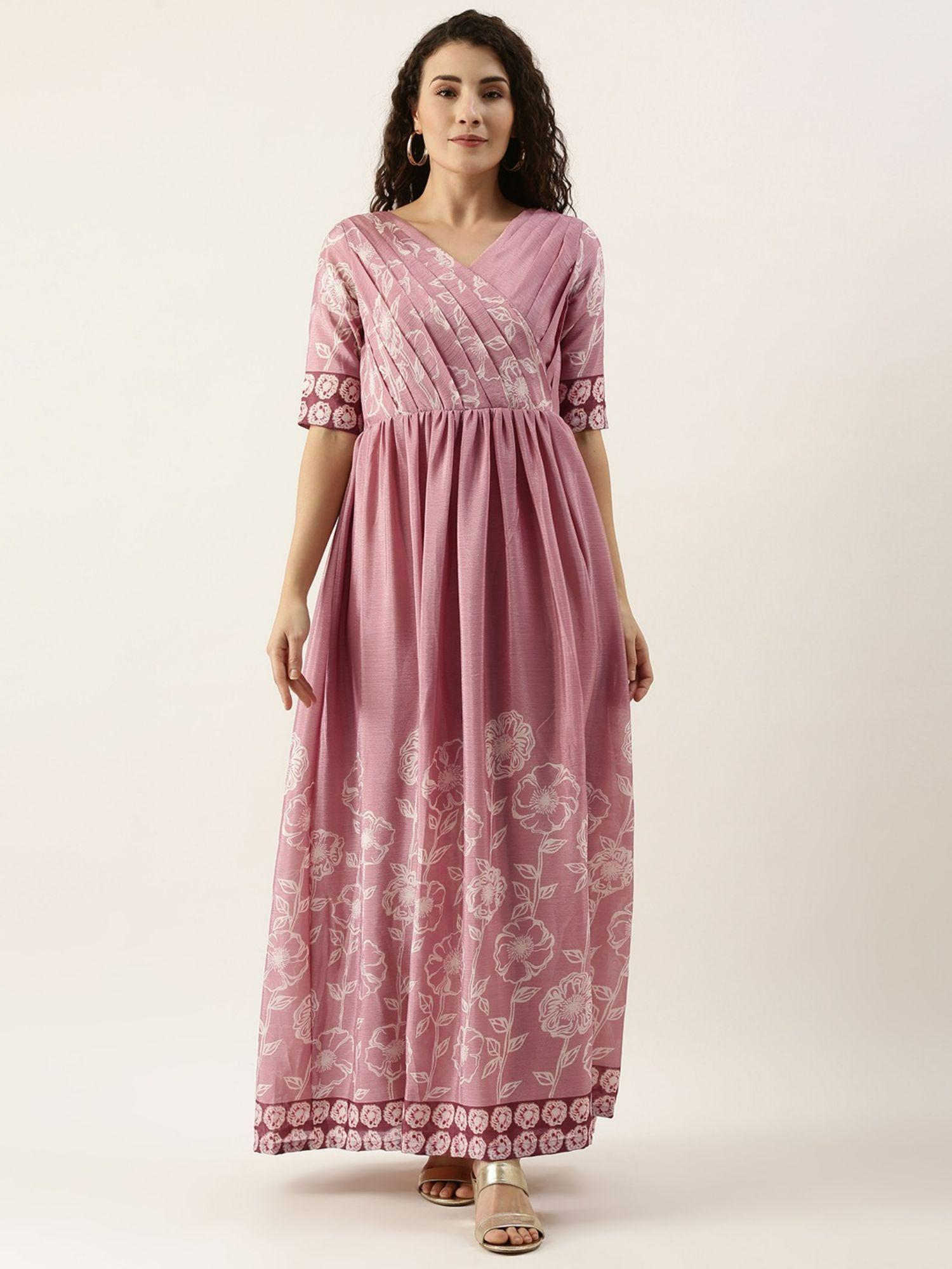 ready to wear pink foil print chinnon pleated yoke dress