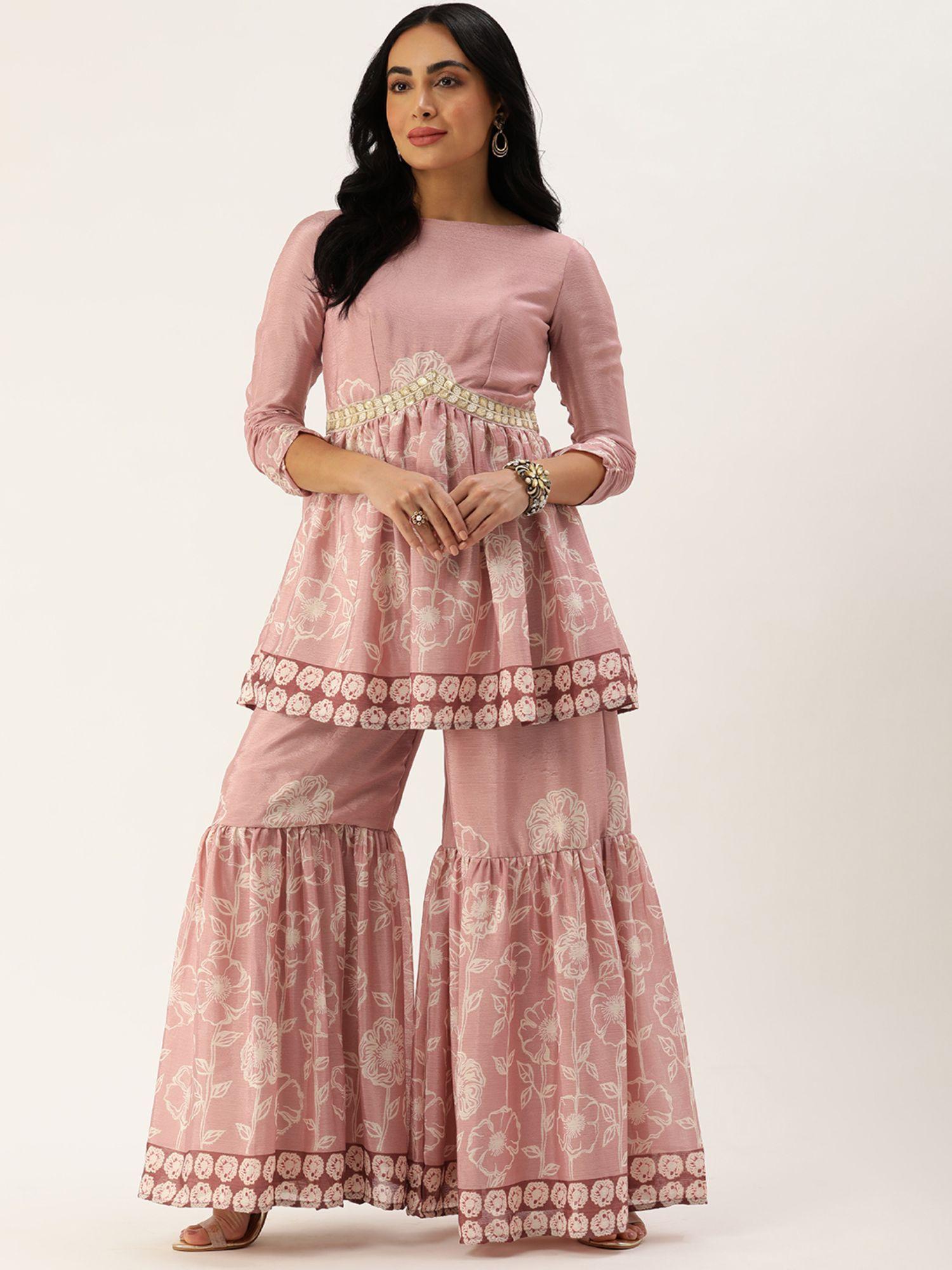 ready to wear pink foil print chinon alia cut kurta with sharara (set of 2)