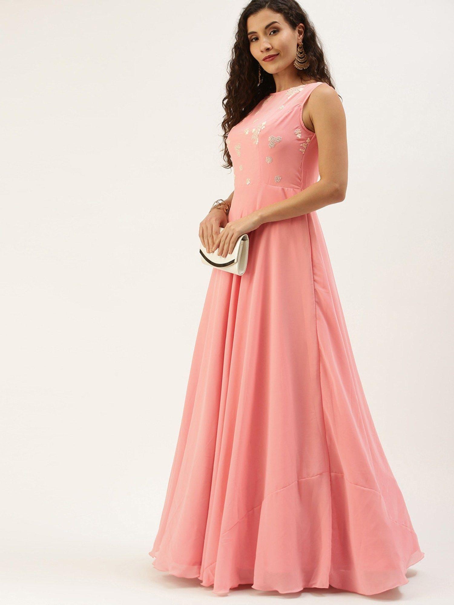 ready to wear pink georgette embroidered boat neck gown