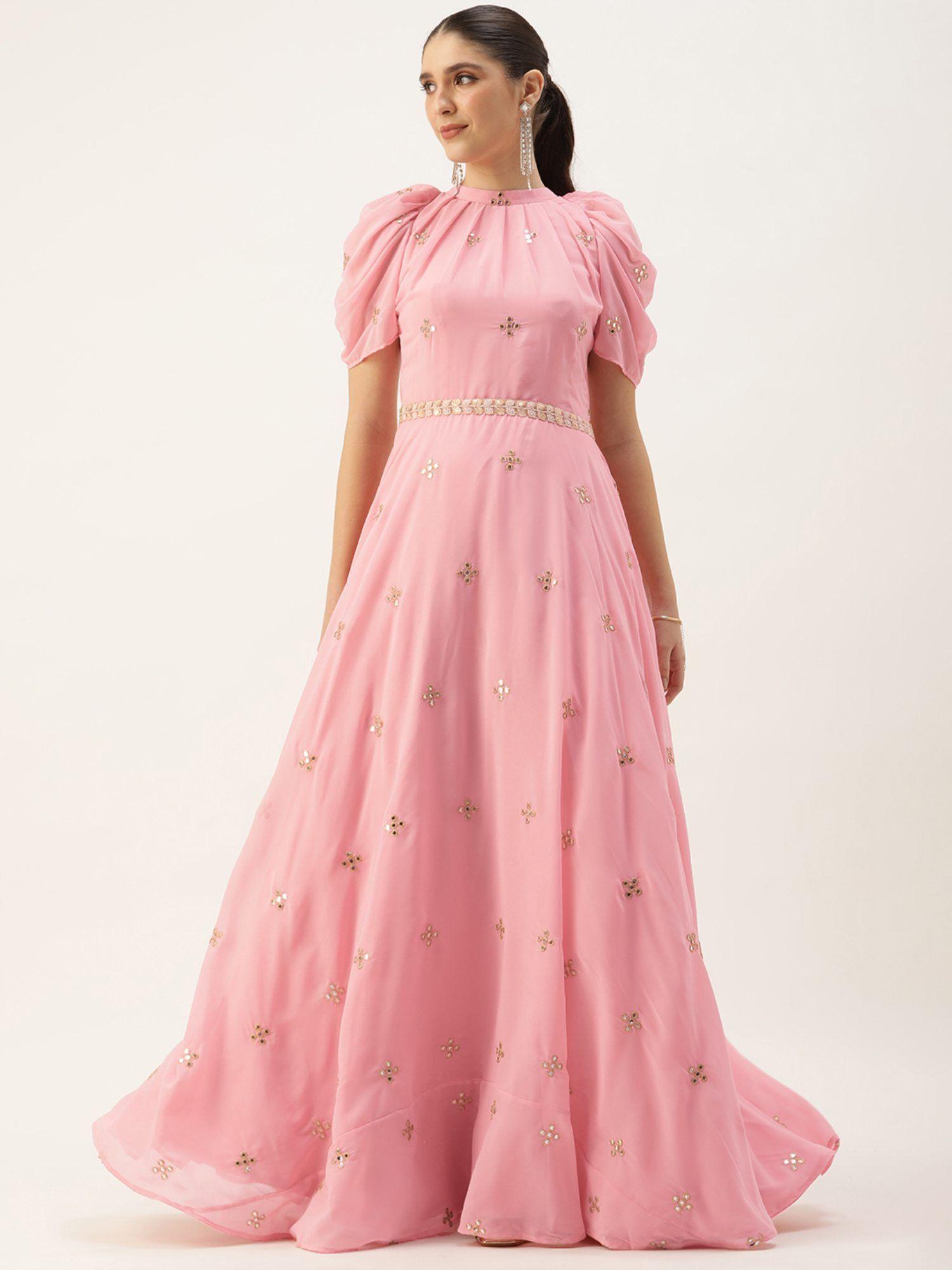 ready to wear pink georgette embroidered gown