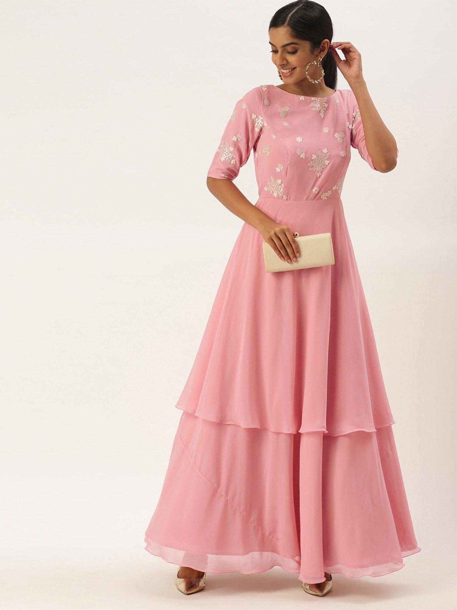 ready to wear pink georgette embroidered layered gown