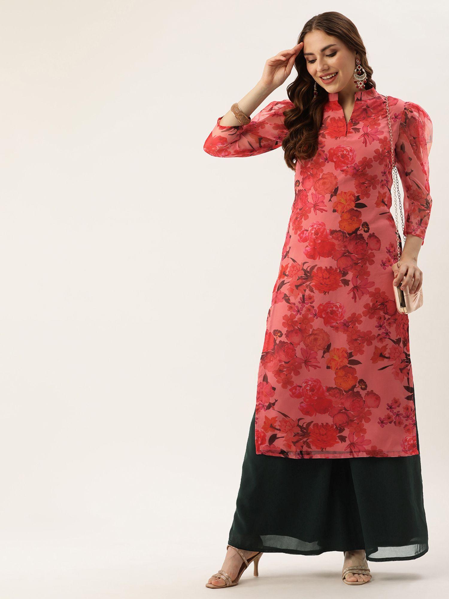 ready to wear pink organza kurta with palazzo (set of 2)