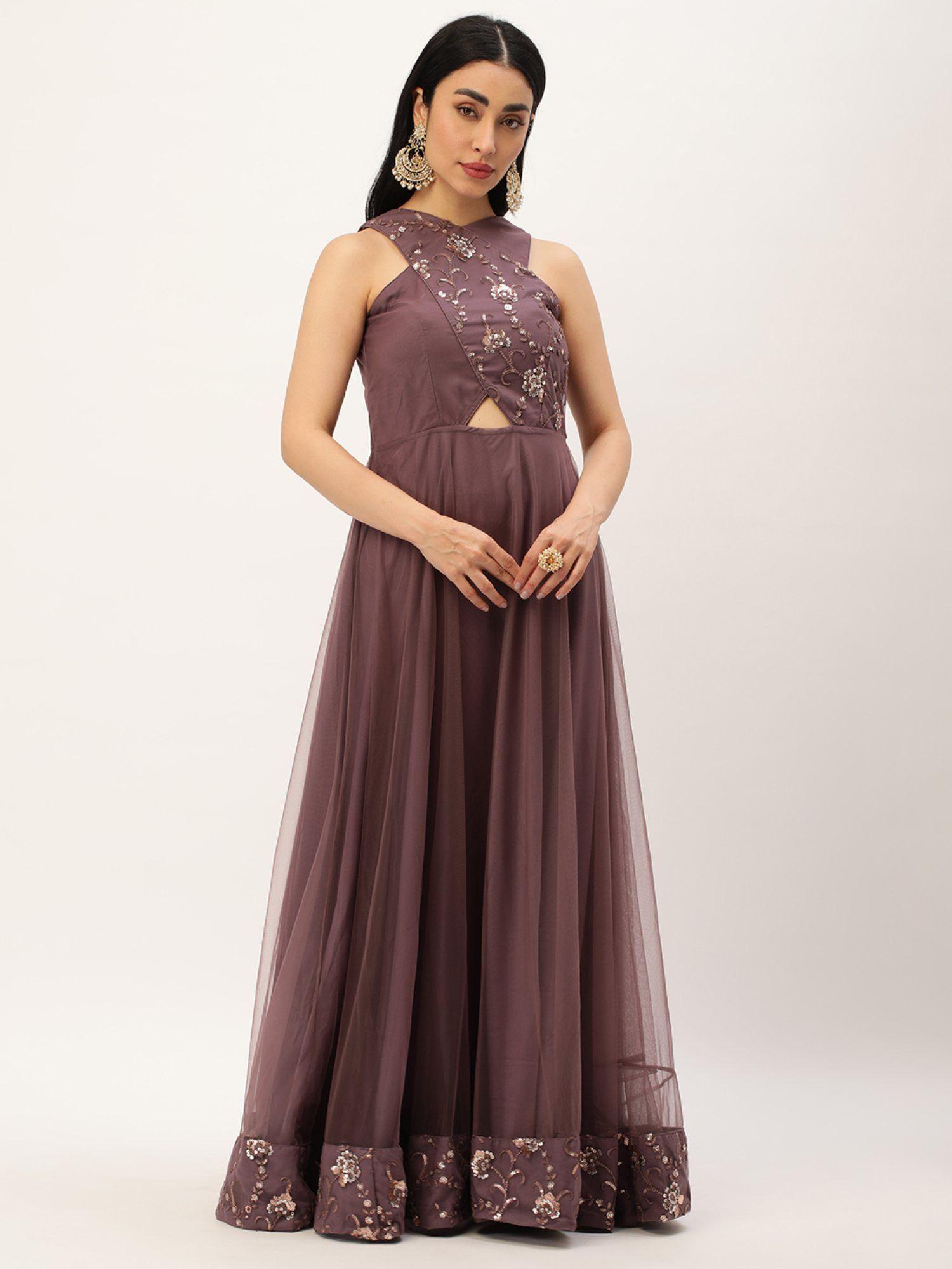 ready to wear purple net embroidered halter neck gown