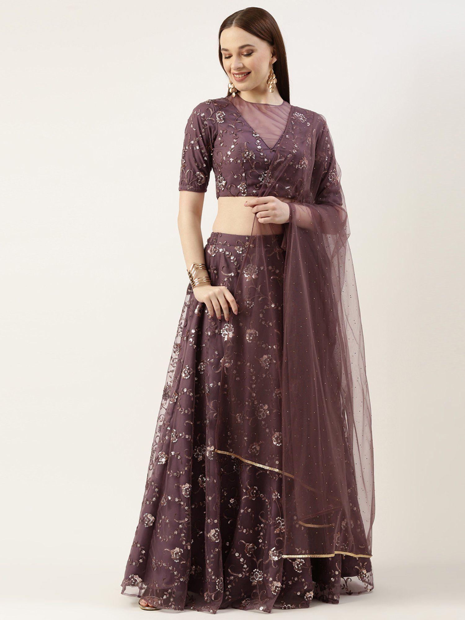 ready to wear purple net embroidered lehenga (set of 3)