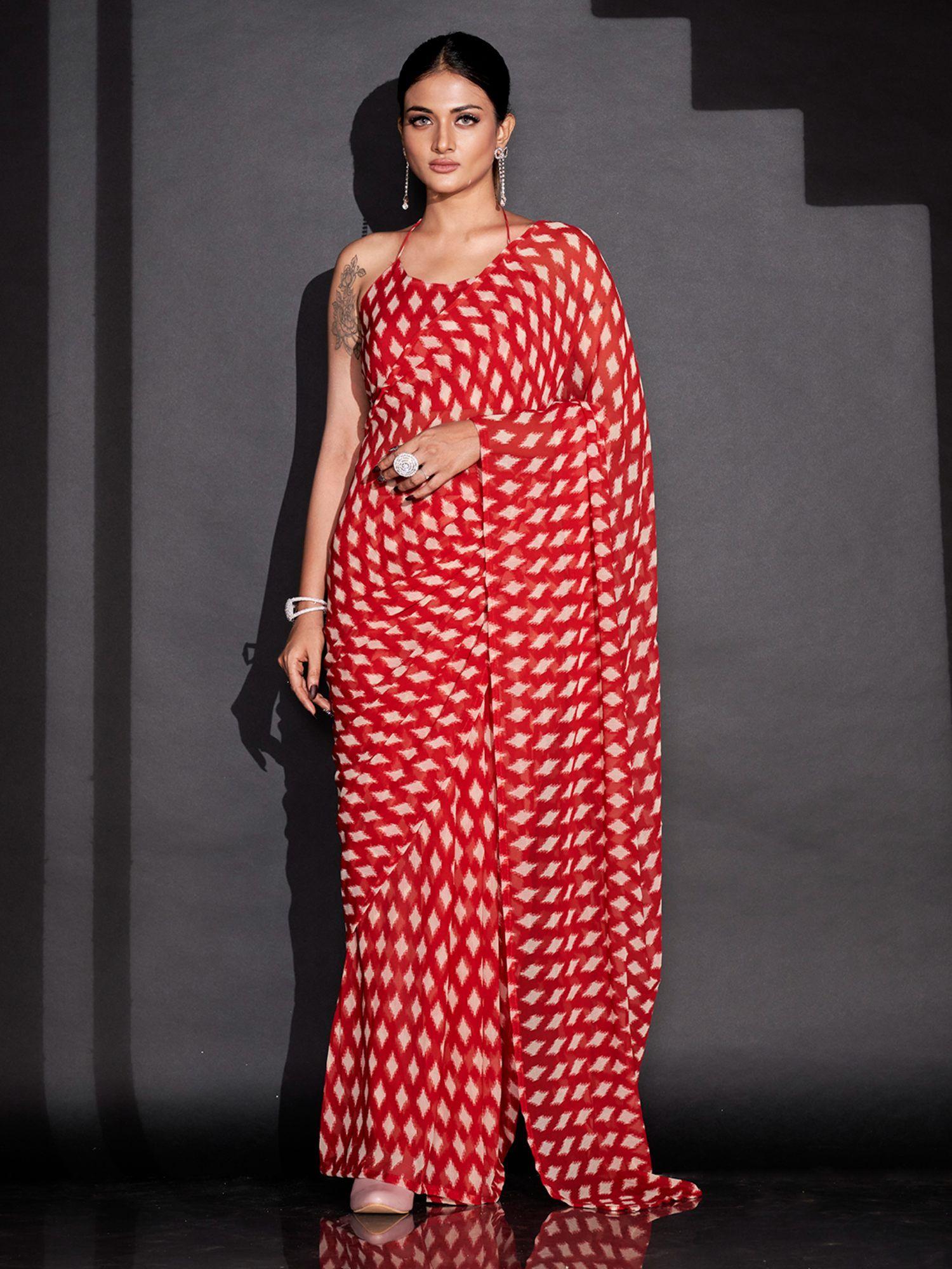 ready to wear red geometric printed saree with unstitched blouse