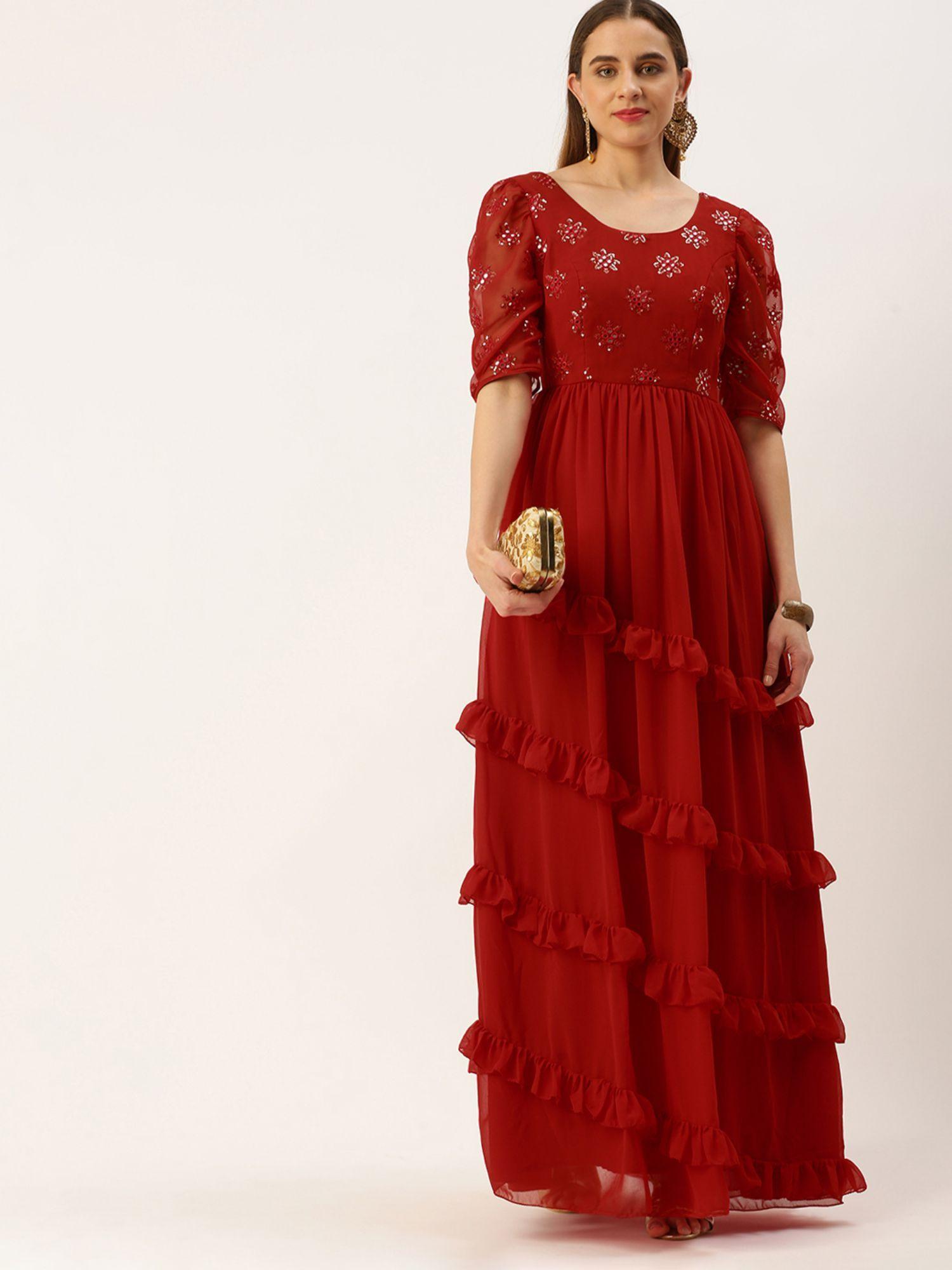 ready to wear red georgette embroidered maxi dress