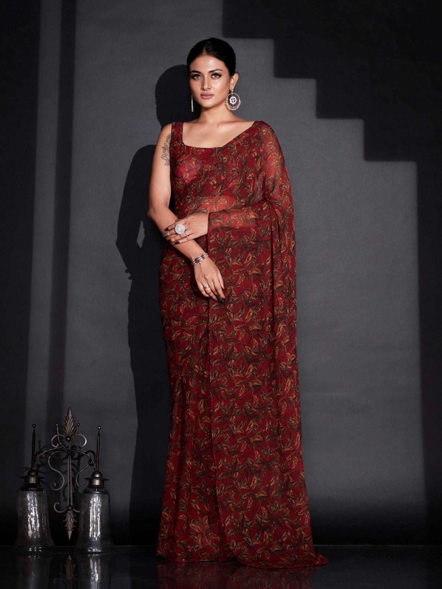 ready to wear red printed georgette saree with unstitched blouse