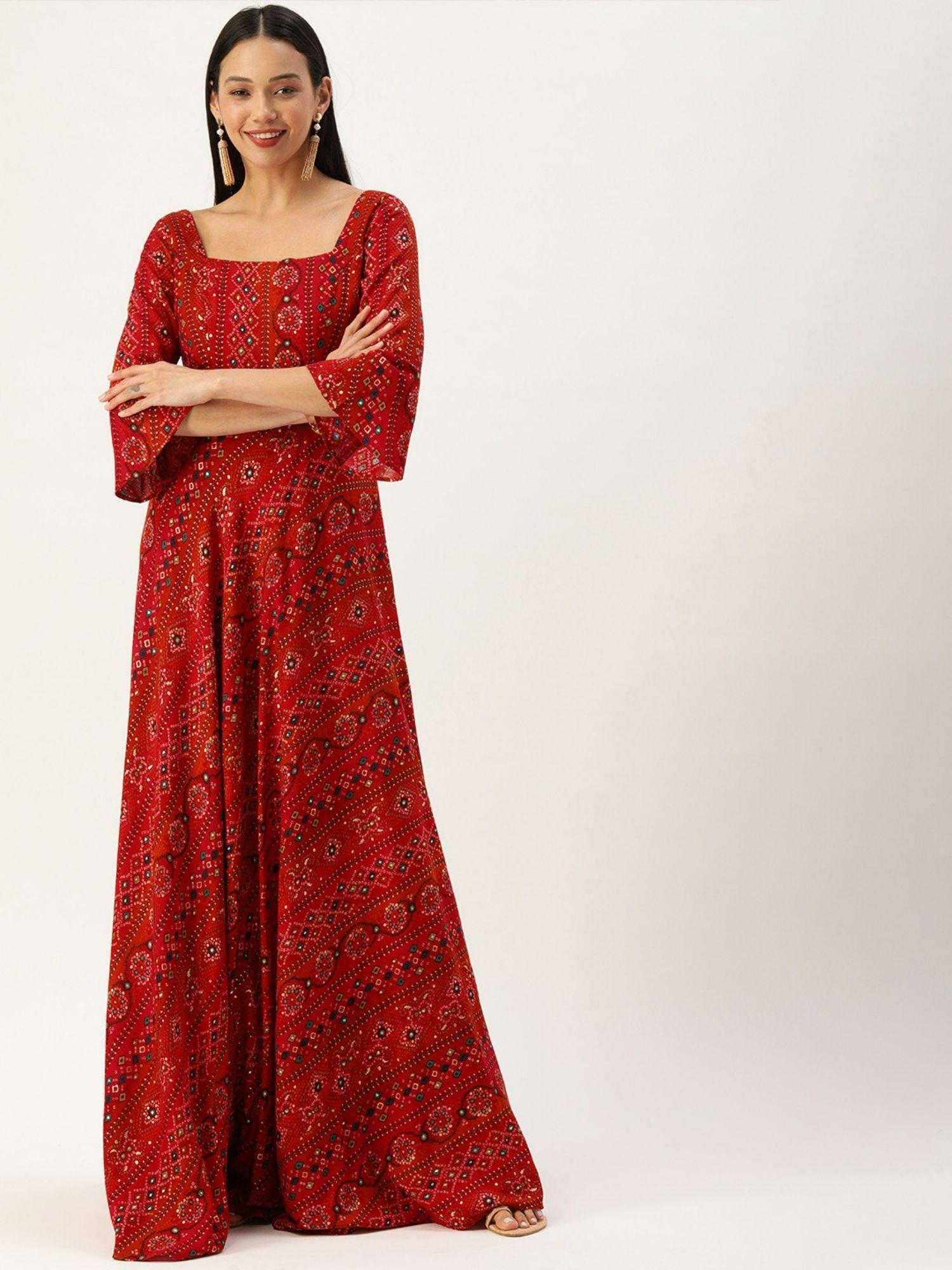 ready to wear red printed viscose maxi dress