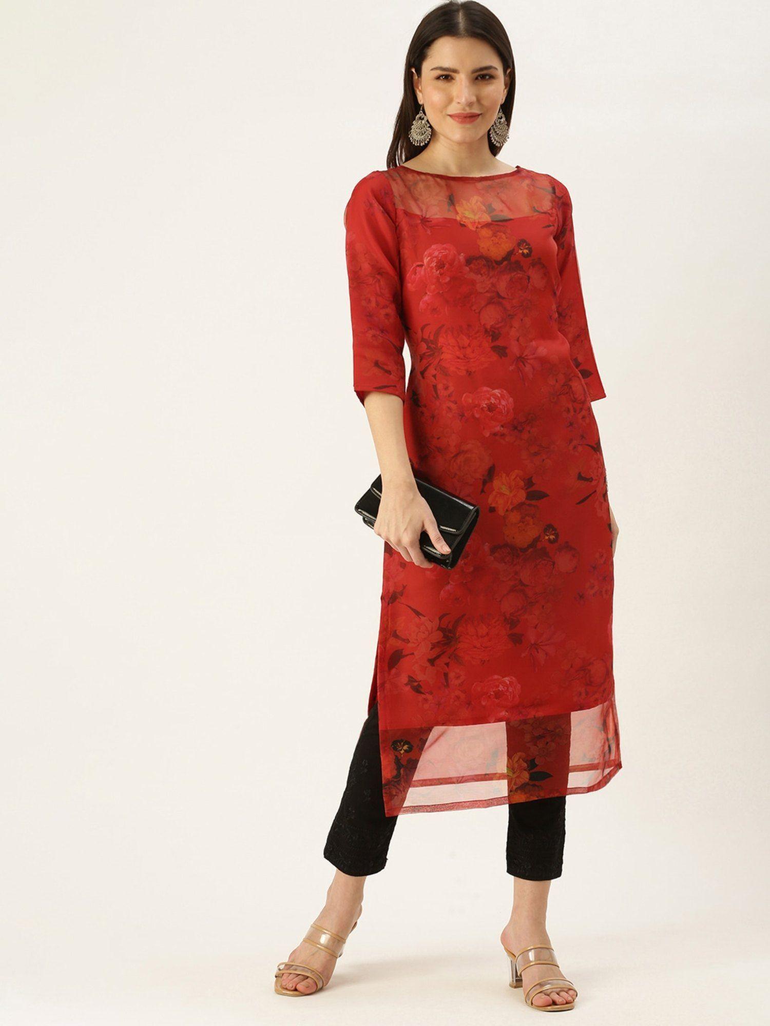 ready to wear red sheer neck organza kurta