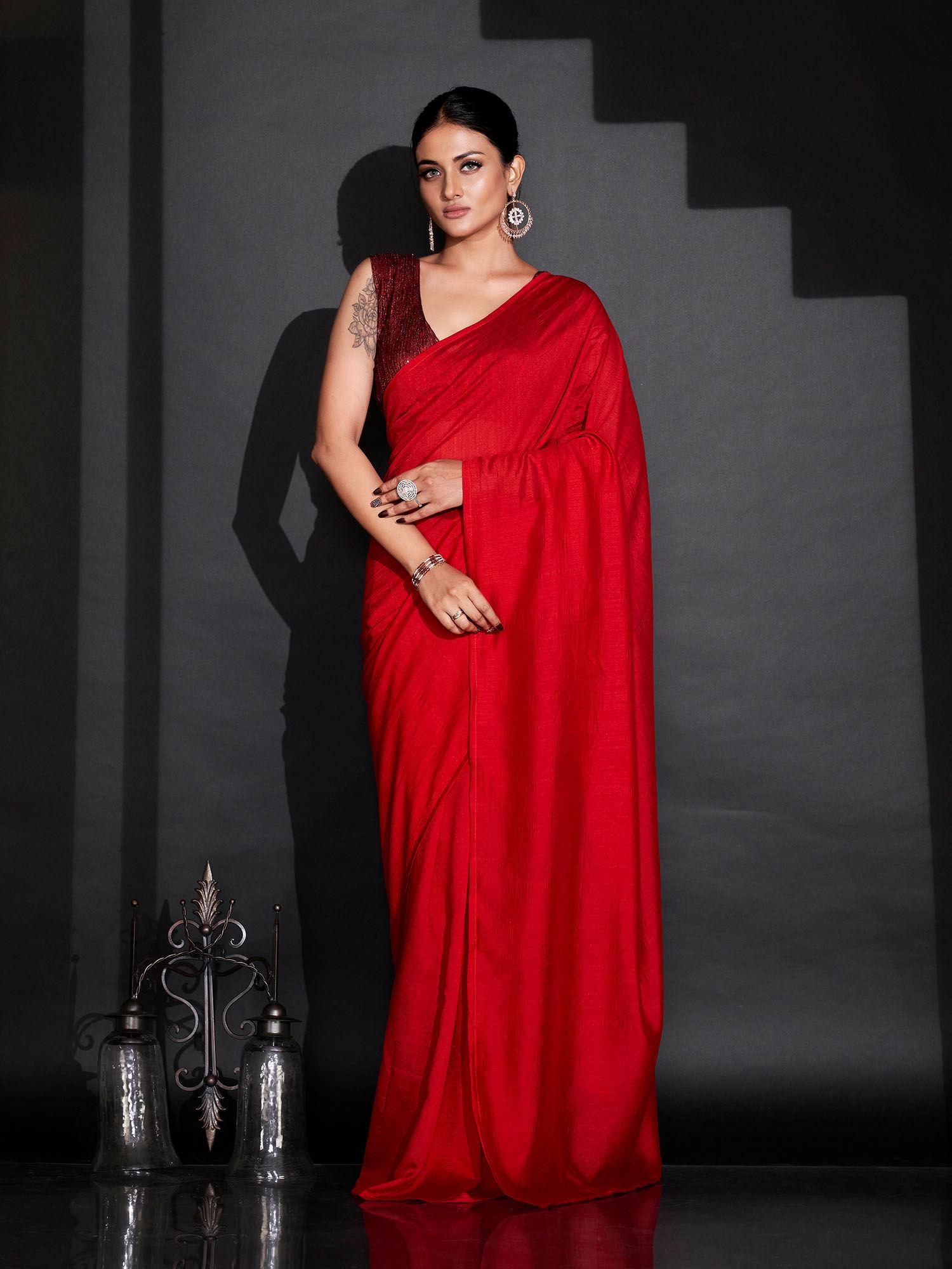 ready to wear red solid polyester saree with unstitched blouse