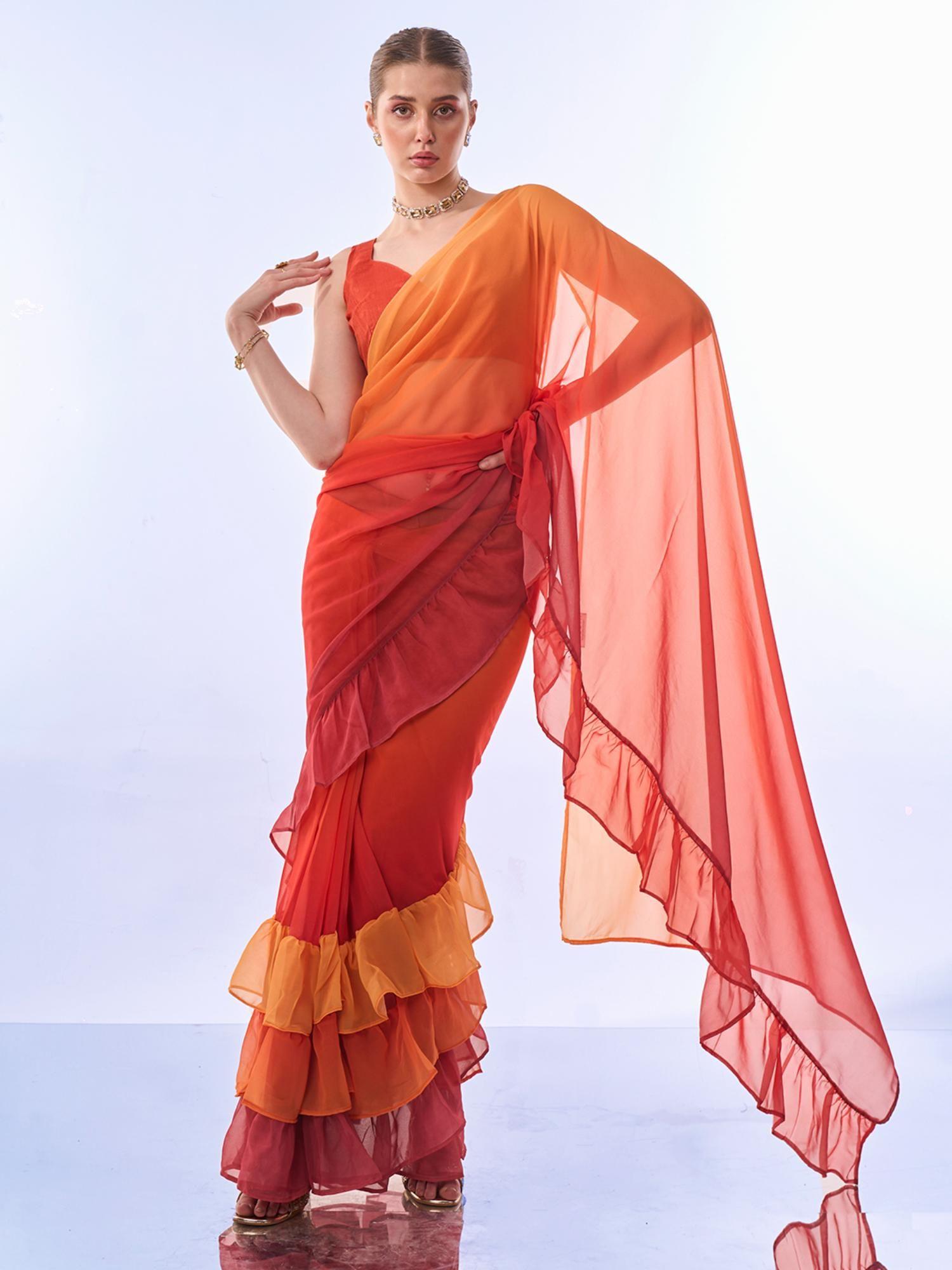 ready to wear ruffled border georgette ombre red and orange saree with unstitched blouse