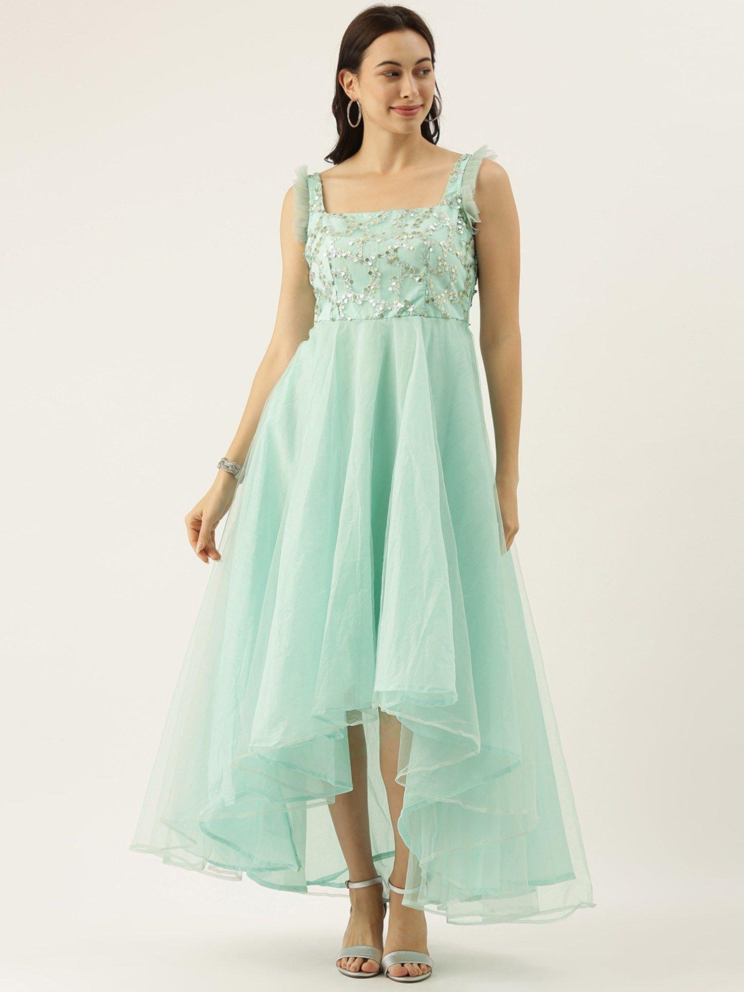 ready to wear sea blue embroidered asymmetrical gown