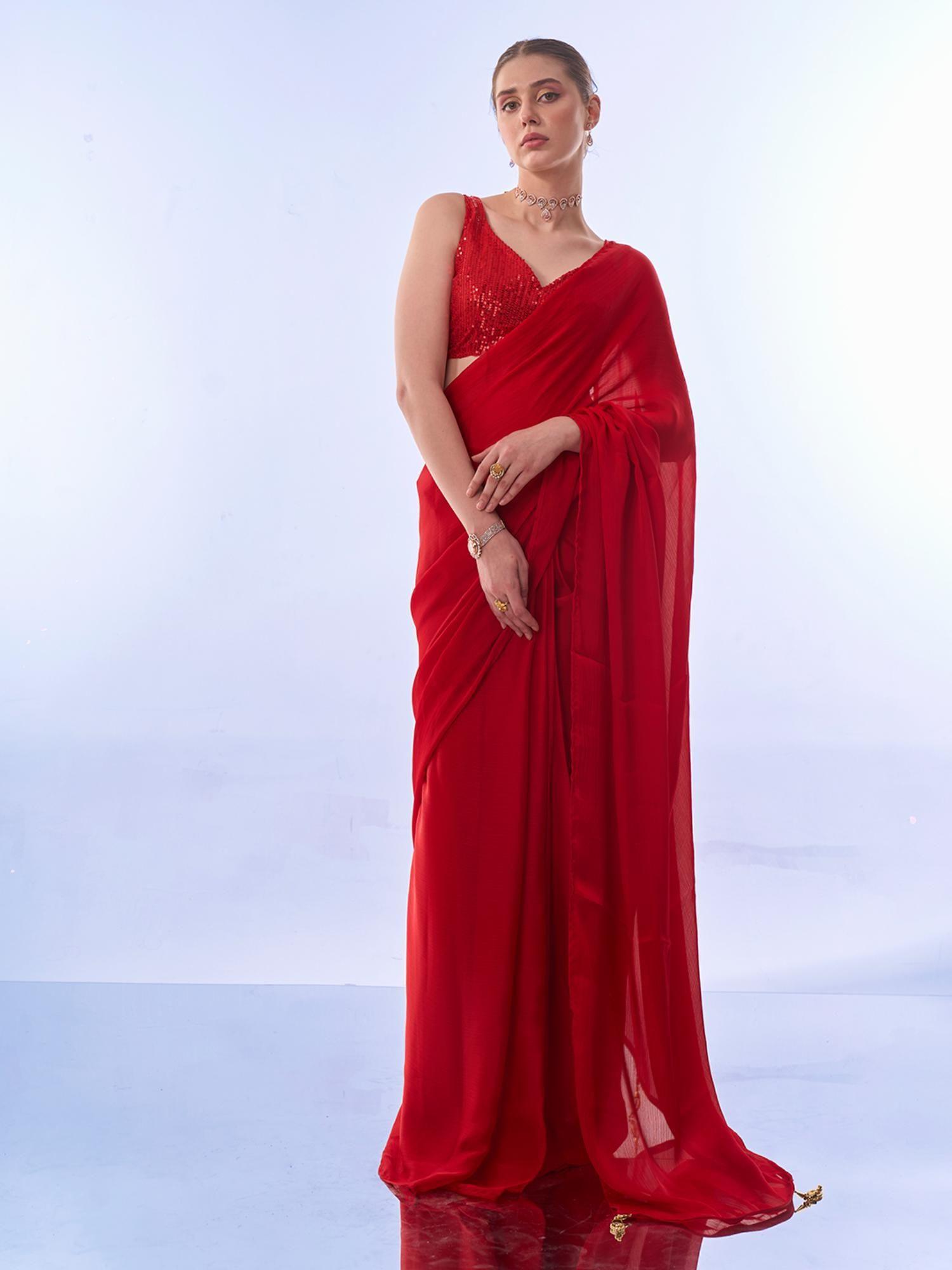 ready to wear soft chiffon solid tassels red saree with unstitched sequined blouse