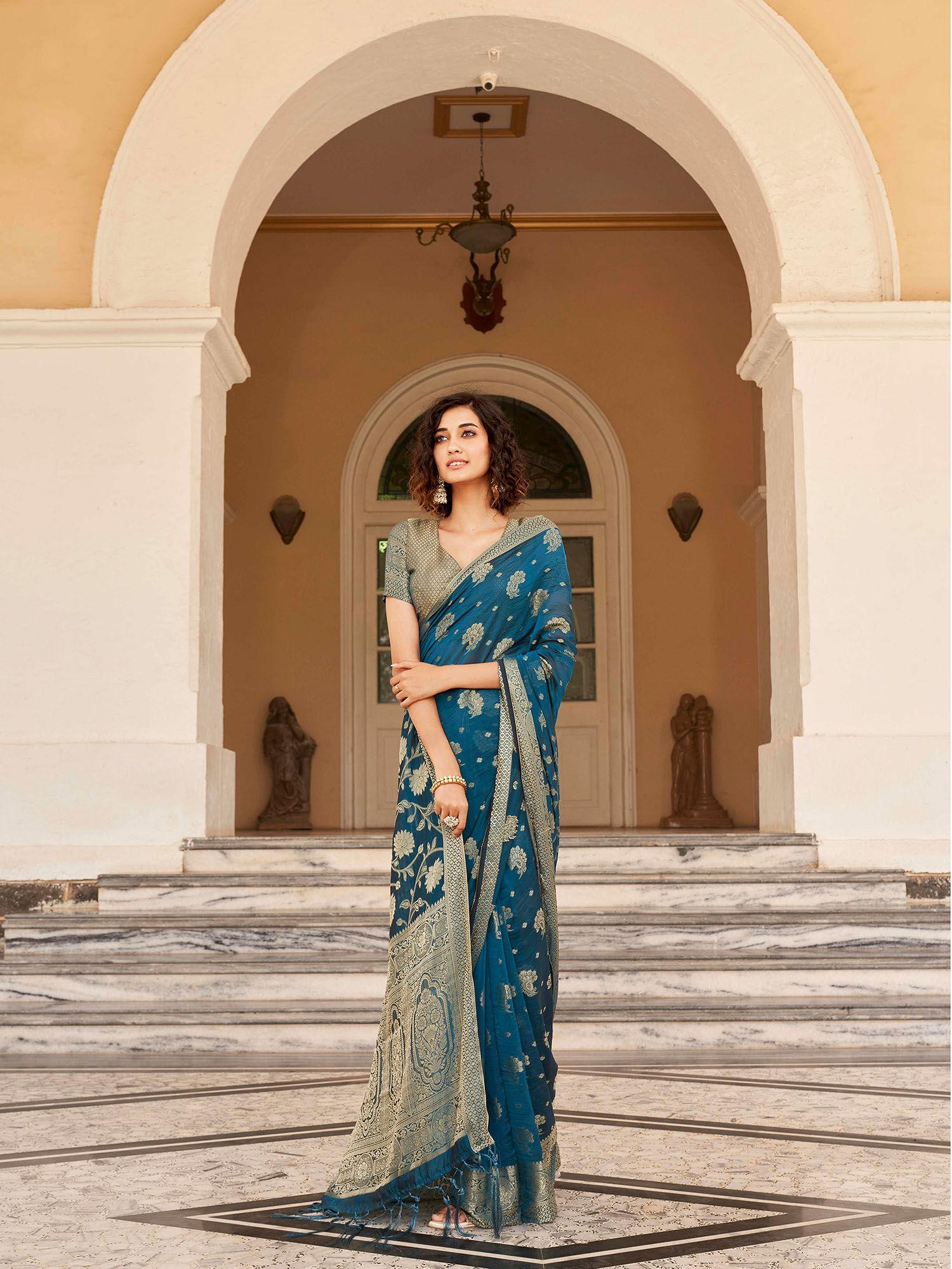 ready to wear teal art silk jacquard saree with unstitched blouse