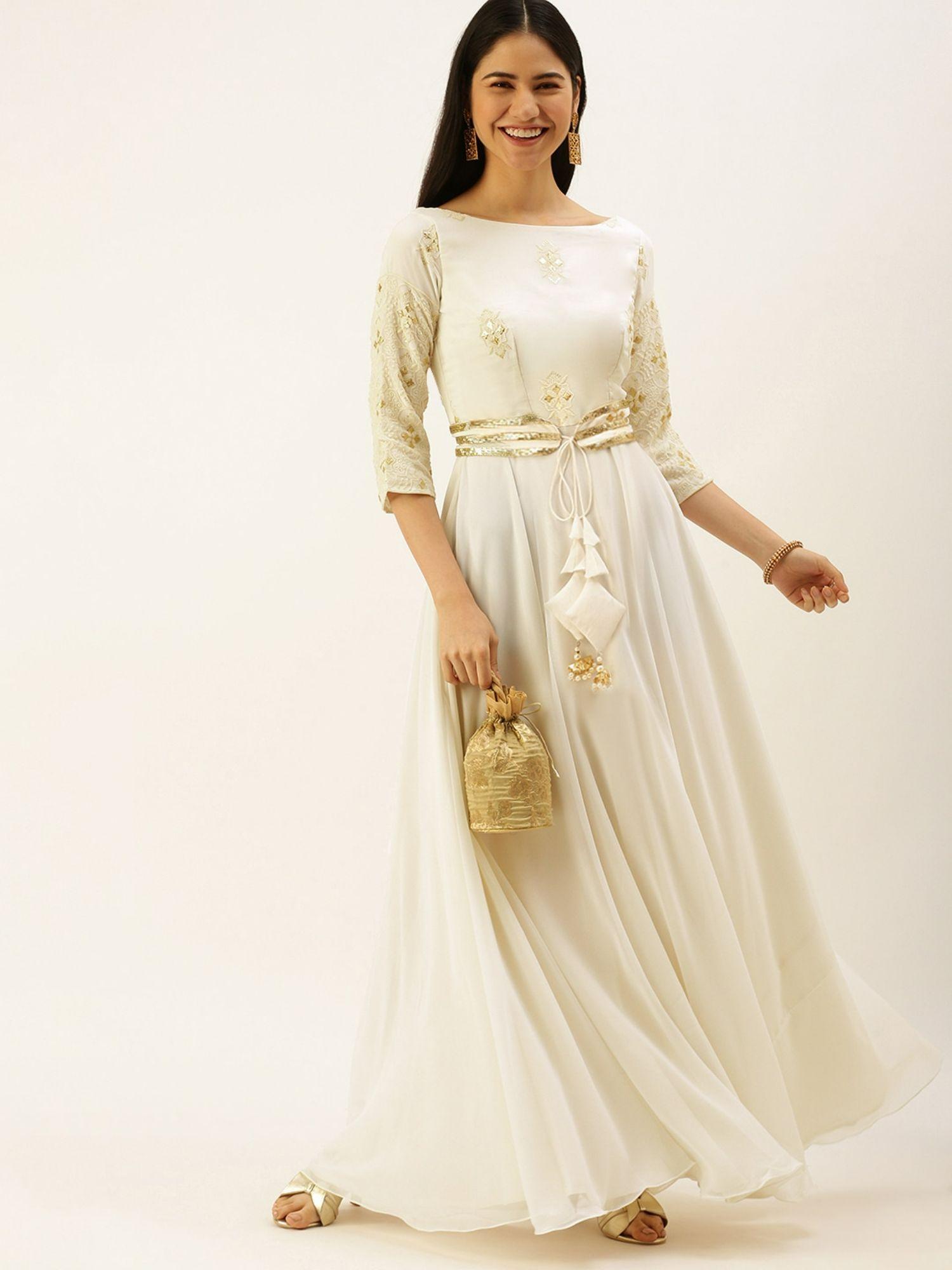 ready to wear white embroidered floor length gown