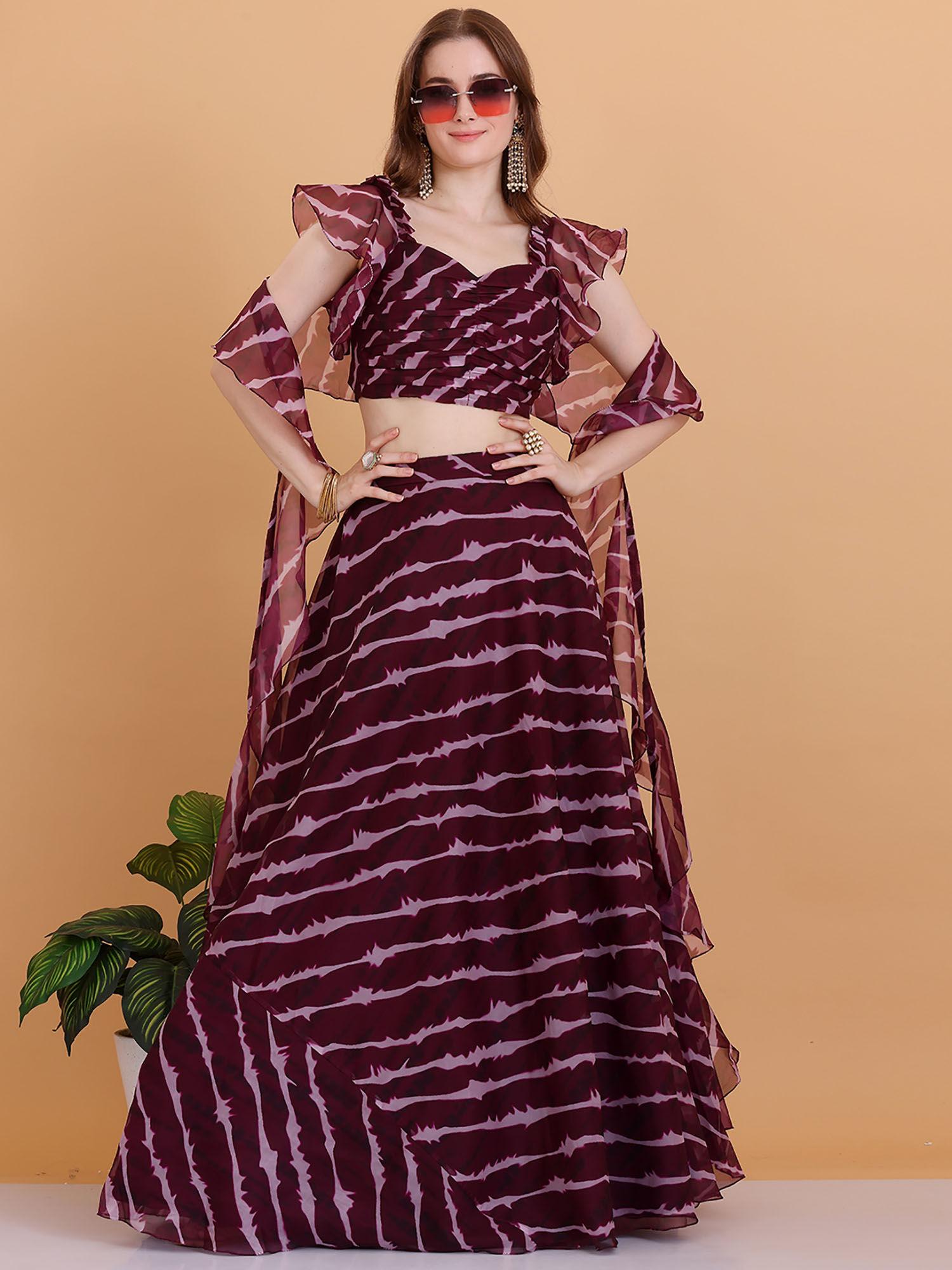 ready to wear wine digital printed organza lehenga (set of 3)