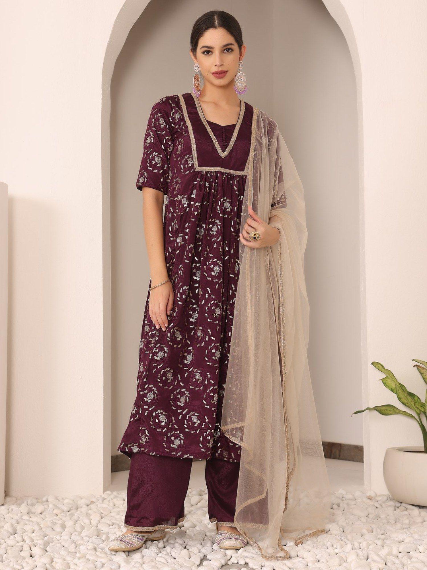 ready to wear wine embroidered kurta and pant with dupatta (set of 3)