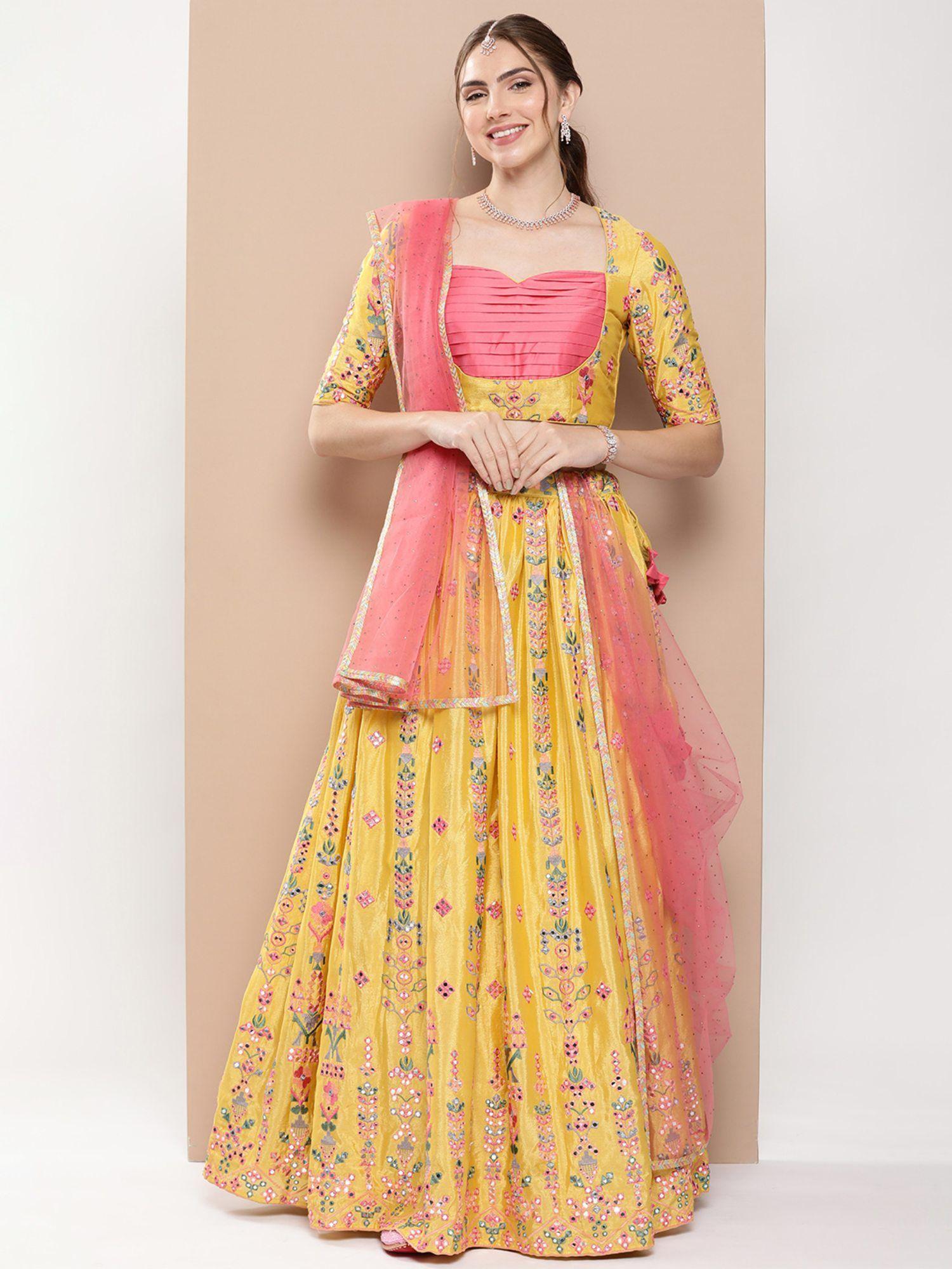 ready to wear yellow chinon embroidered lehenga (set of 3)