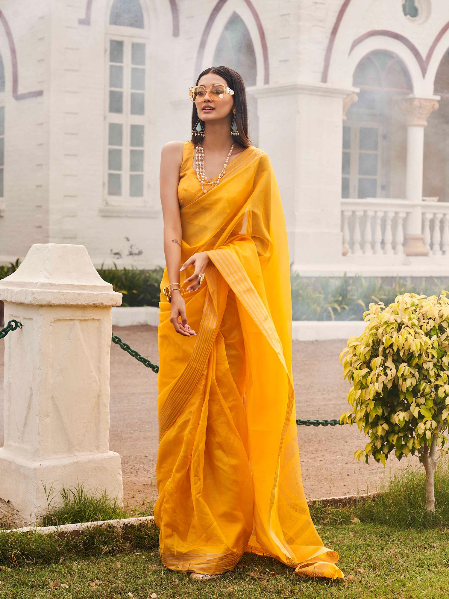 ready to wear yellow color polycotton woven saree with unstitched blouse