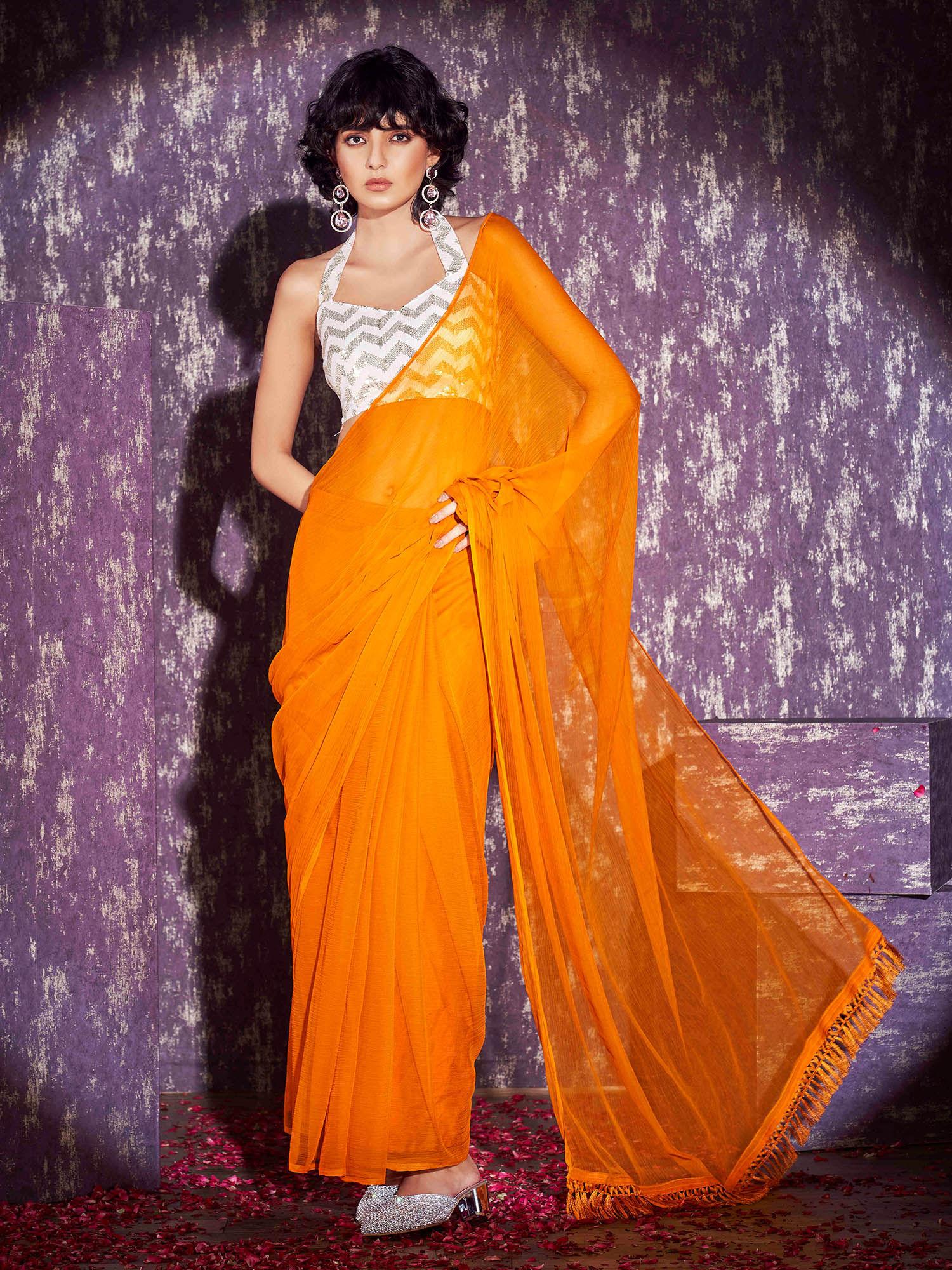 ready to wear yellow colored chiffon sequin embroidered saree with unstitched blouse