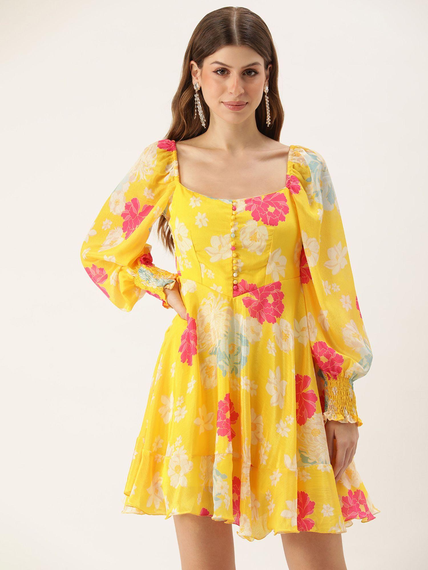 ready to wear yellow digital floral chinon smocking mini dress