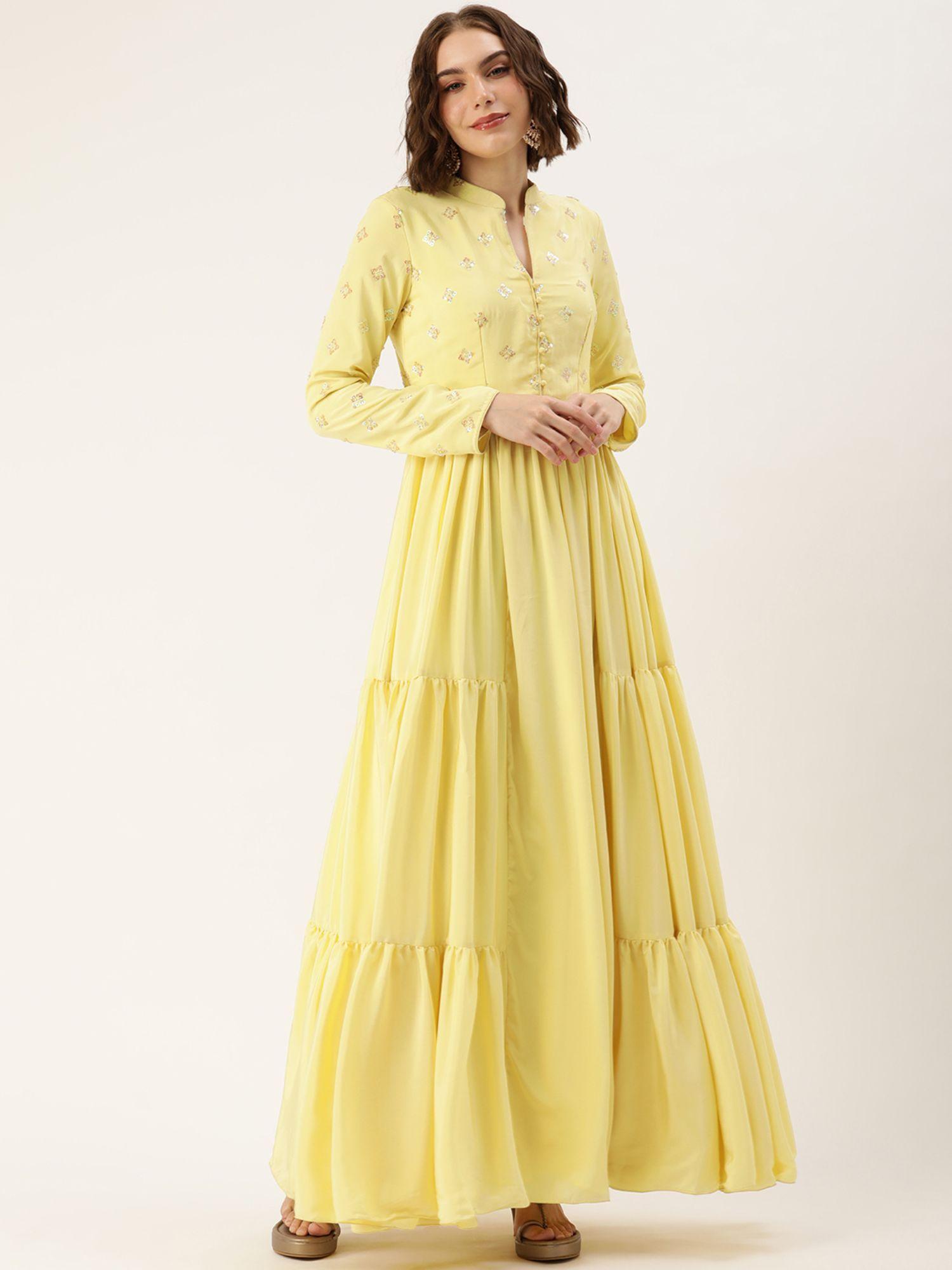 ready to wear yellow embellished art silk gown