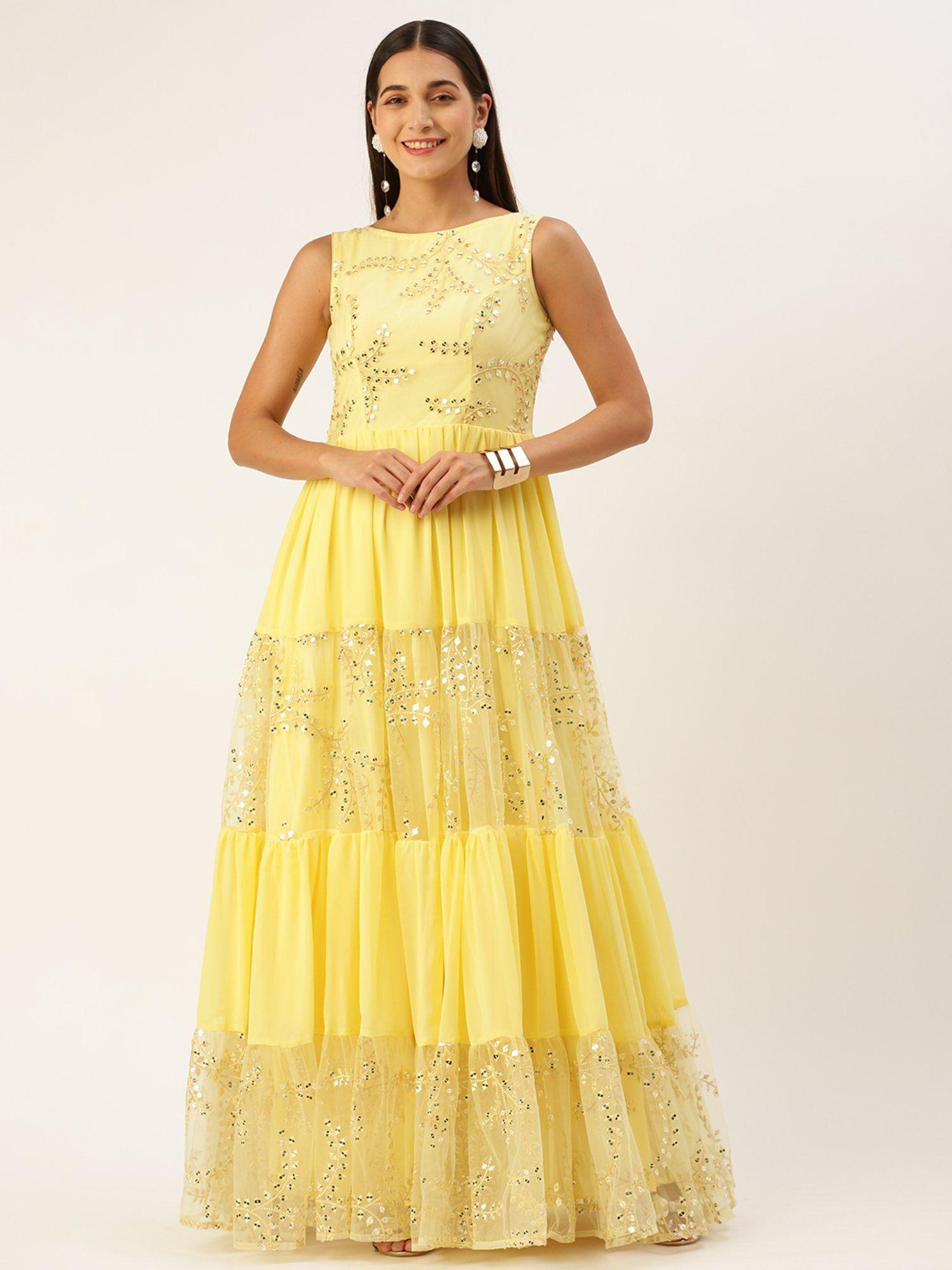 ready to wear yellow embroidered net tiered gown