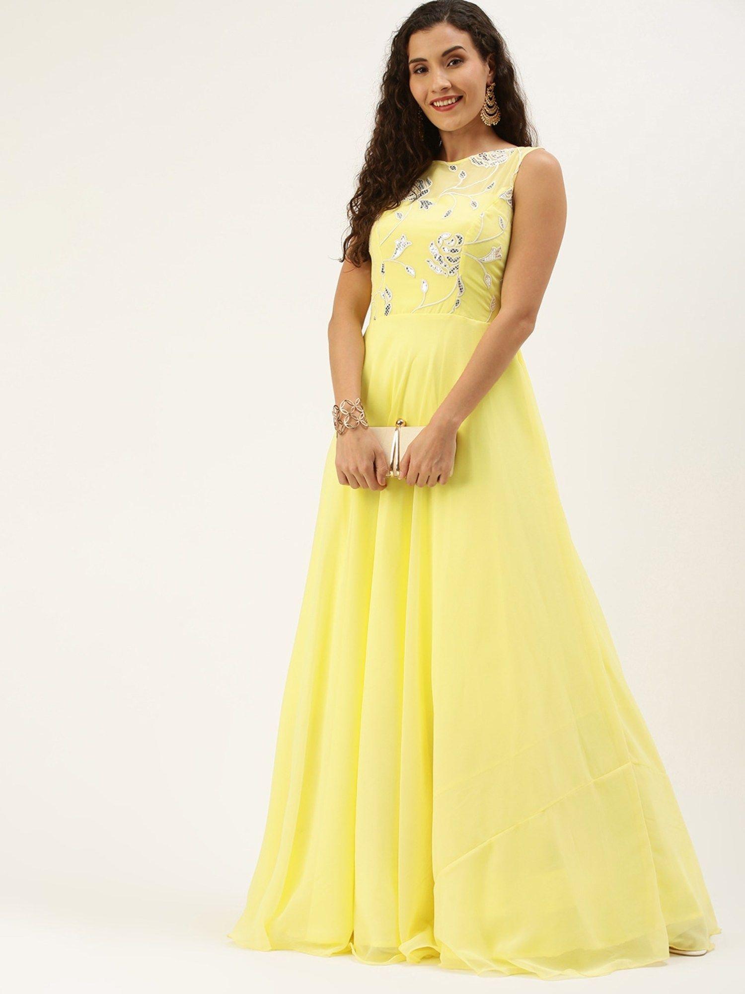 ready to wear yellow georgette embroidered boat neck gown