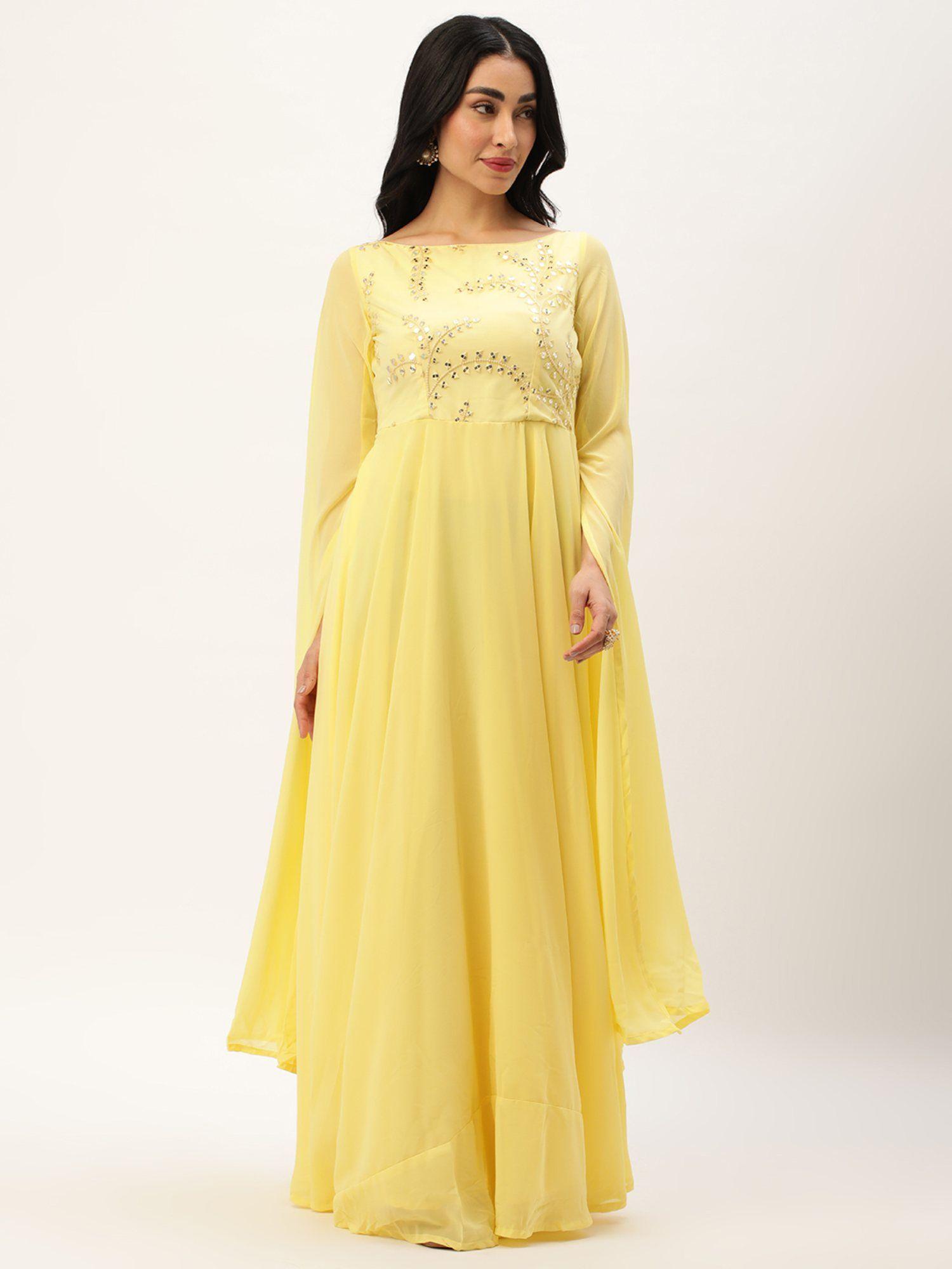 ready to wear yellow net embroidered indowestern gown