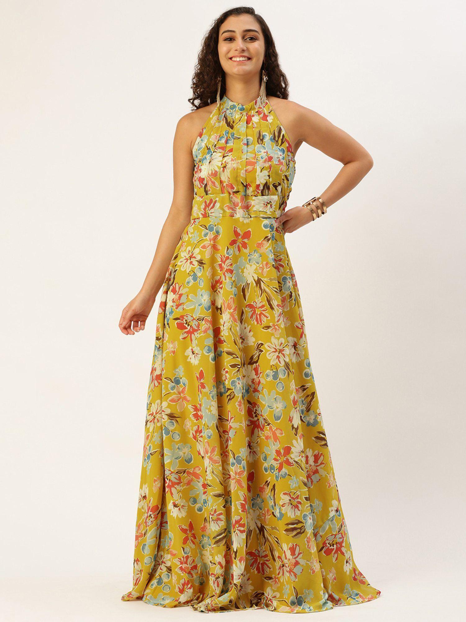 ready to wear yellow printed halter neck georgette