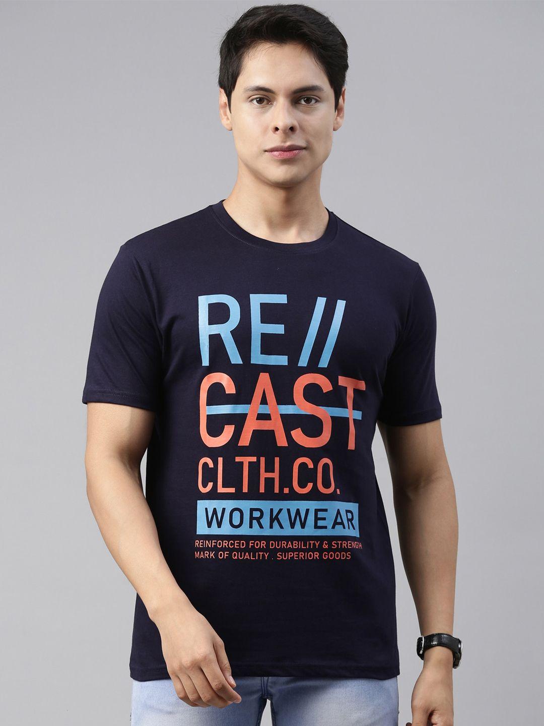 recast men navy blue & coral typography printed pure cotton t-shirt