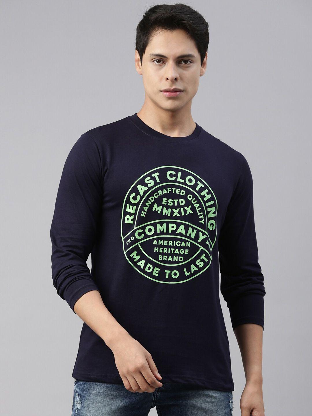 recast men navy blue & green typography printed cotton t-shirt
