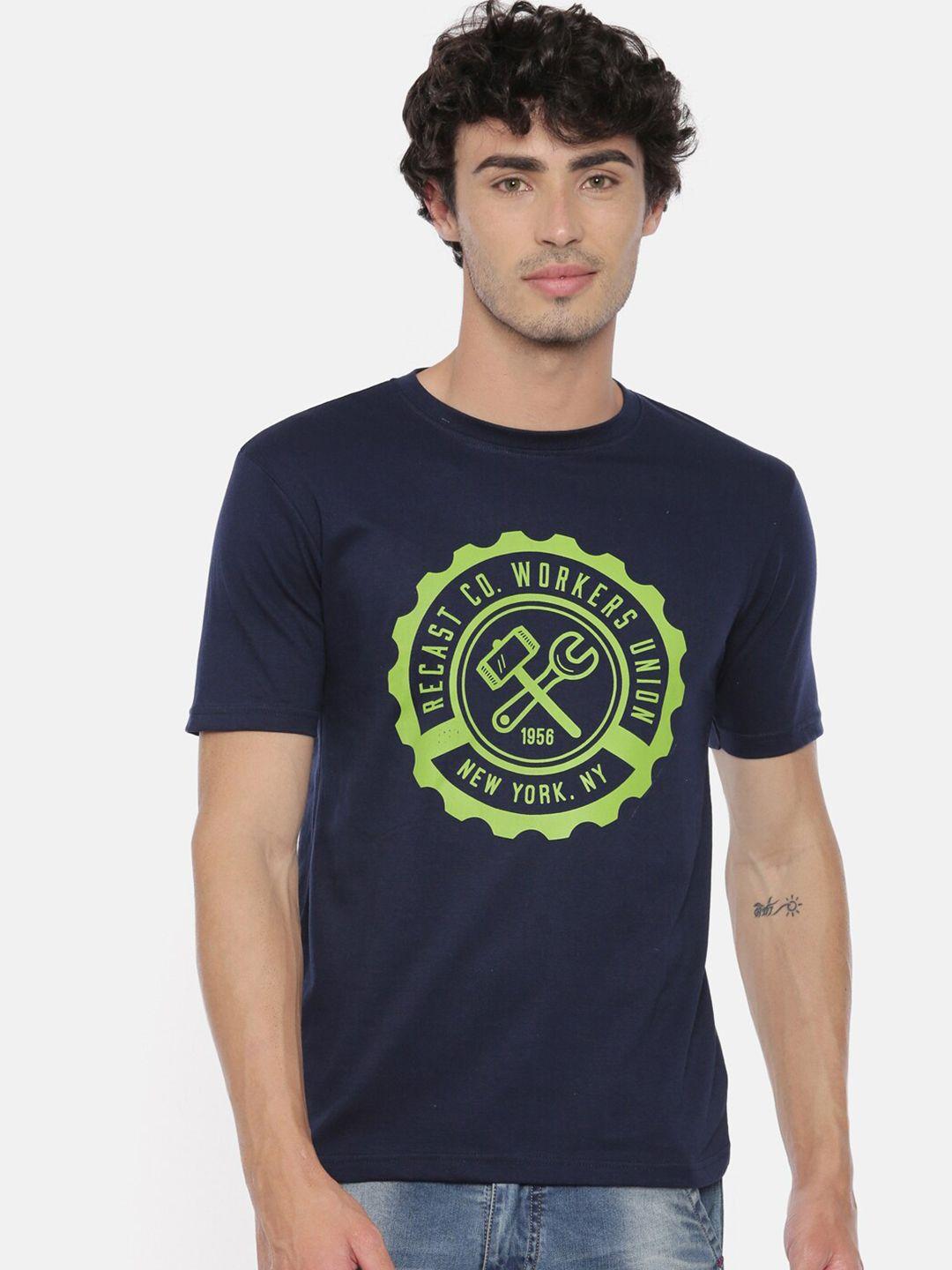 recast men navy blue printed pure cotton bio finish  t-shirt