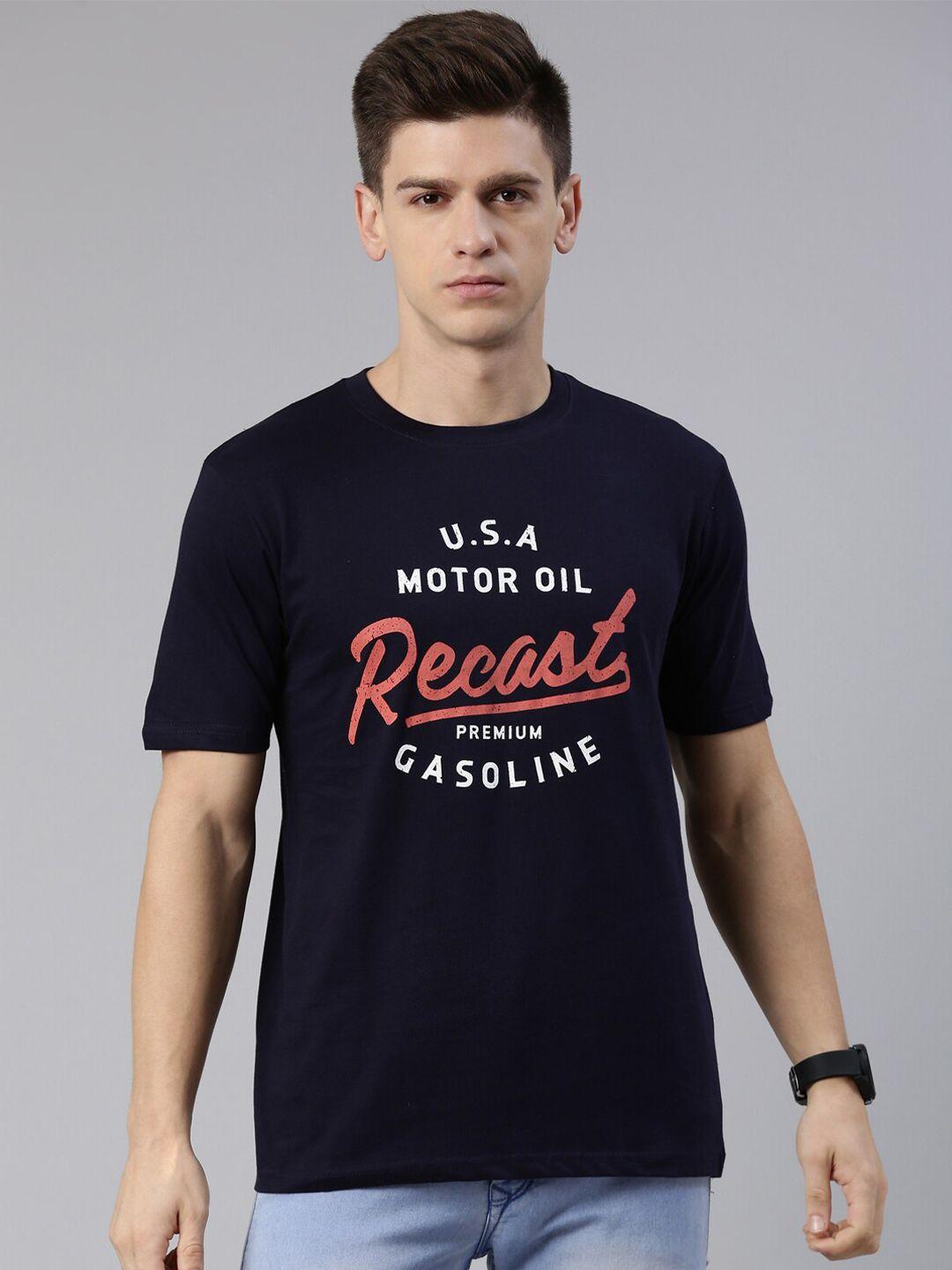 recast men navy blue typography printed pure cotton t-shirt