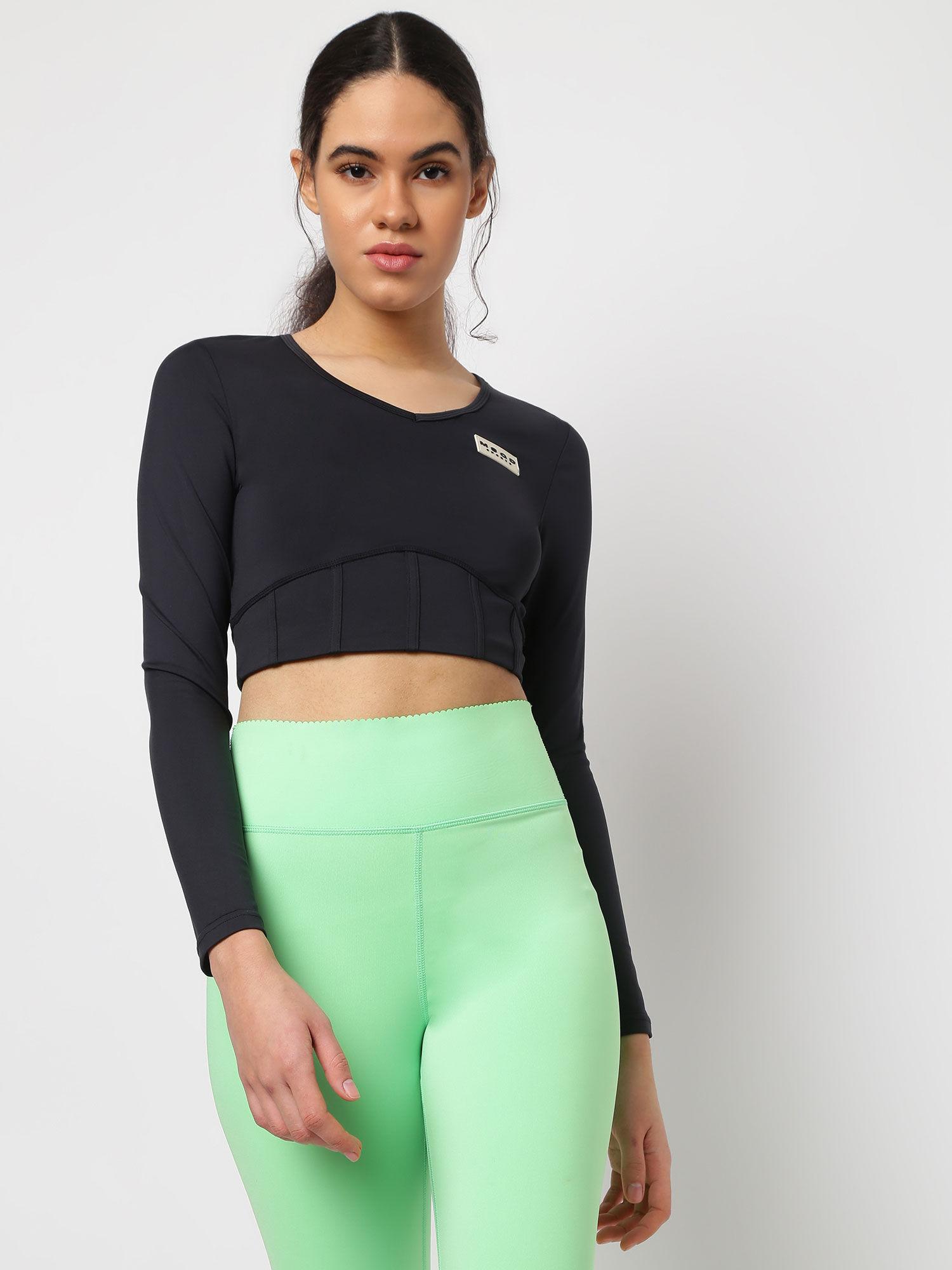 recycled black msgd sports corset style long sleeve crop top