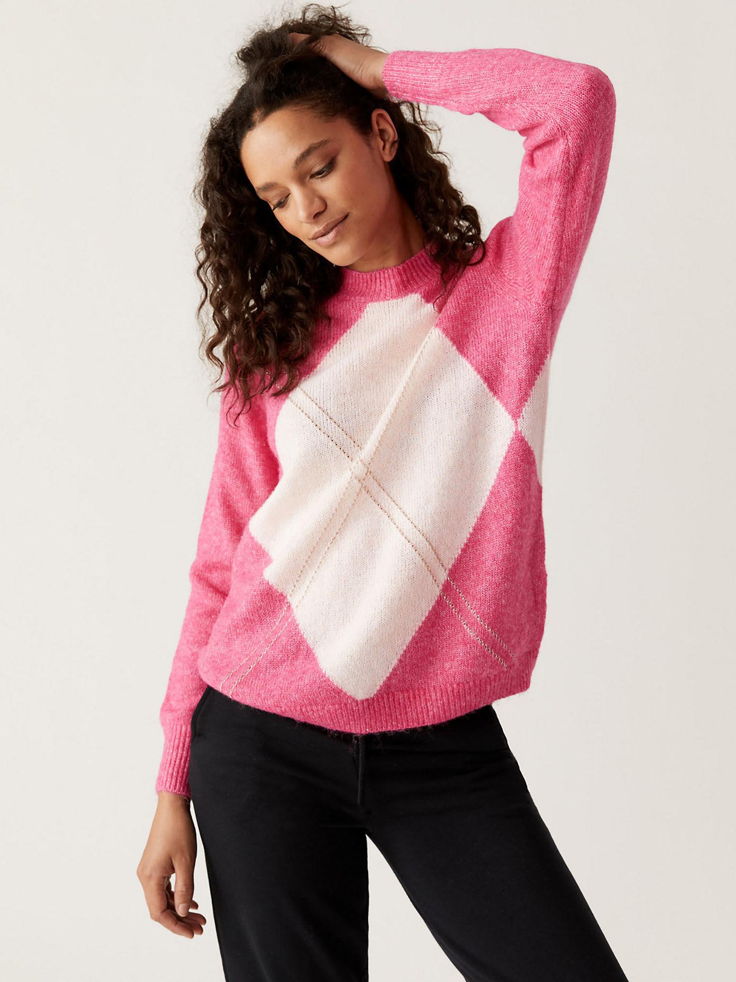 recycled blend argyle relaxed pink sweater