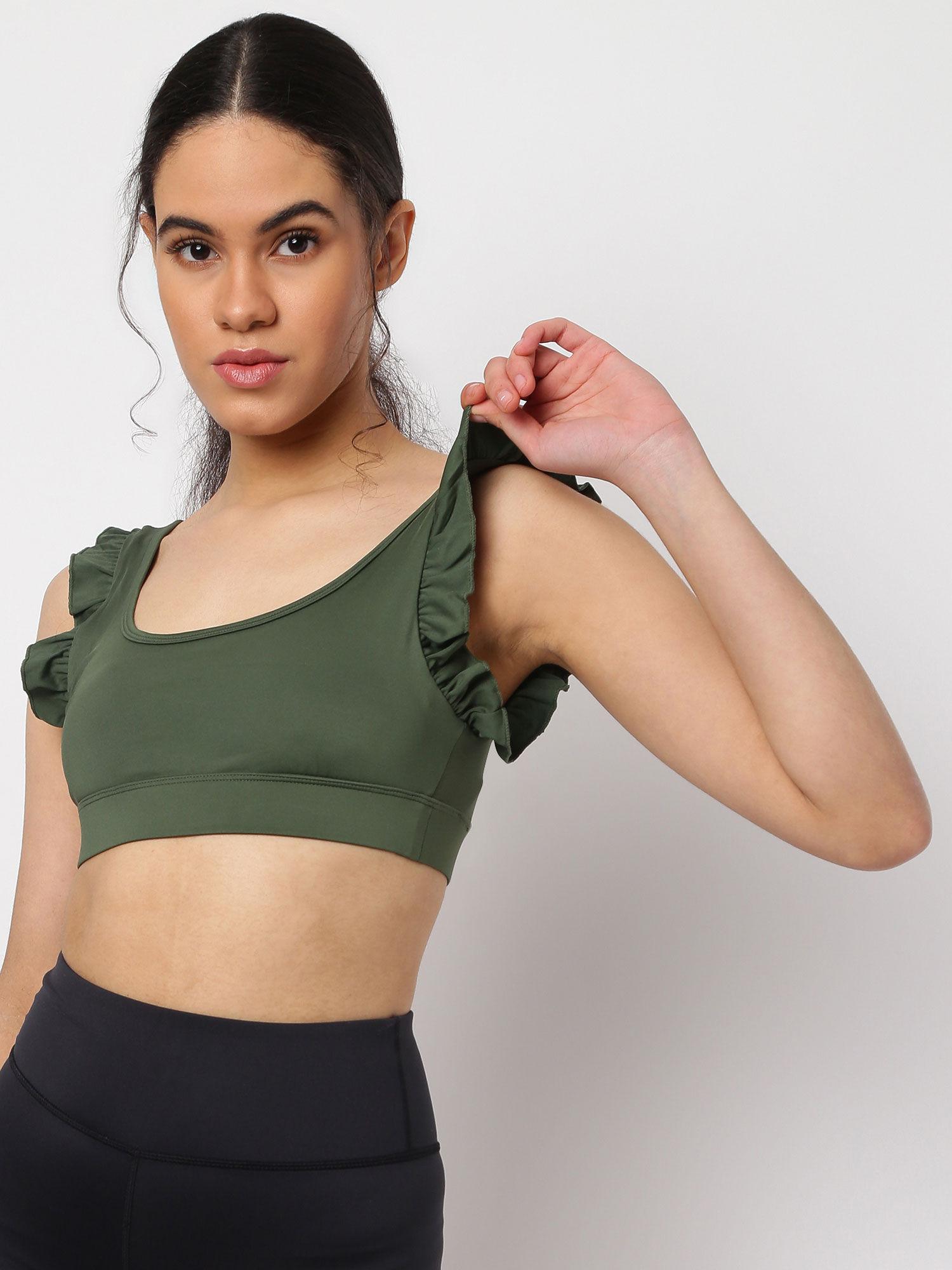 recycled khaki msgd sports frill trim gym crop top