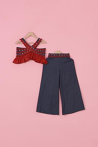 red & blue cotton embroidered co-ord set for girls