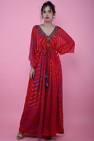 red & blue kaftan tunic with tie-up belt & inner