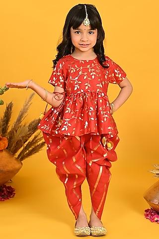 red & gold cotton blend embroidered dhoti set for girls
